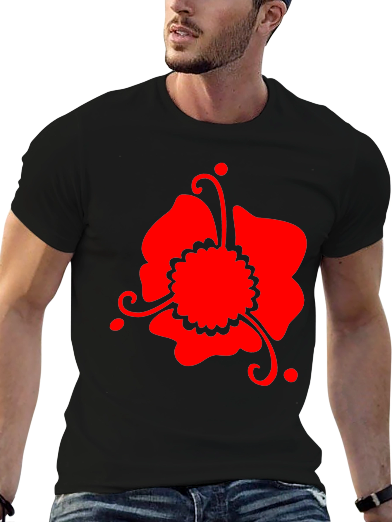 Black Red Floral Graphic Black T-Shirt view 6