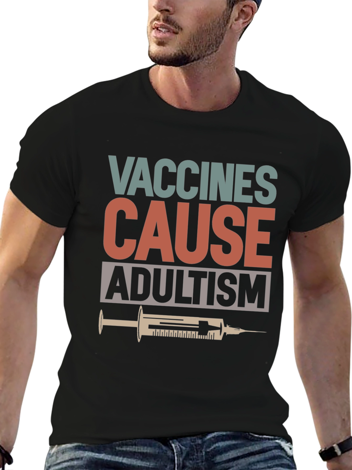 Black Vaccines Cause Adultism Graphic Tee view 6