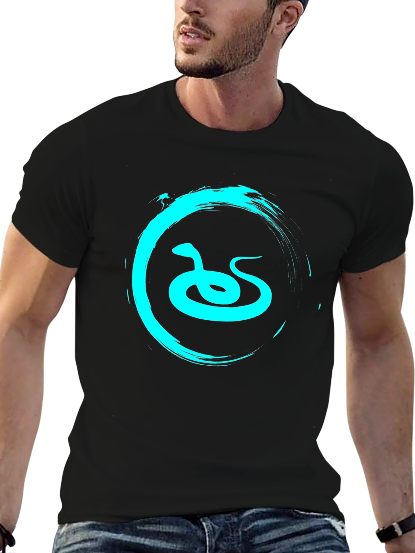 Black Men's Black T-Shirt with Teal Snake Graphic view 6