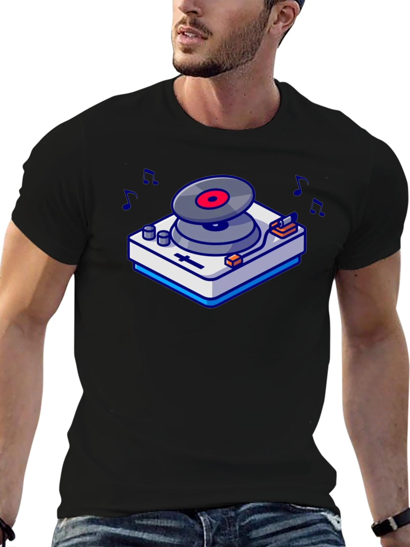 Black Retro Turntable Graphic T-Shirt - Music Lover's Tee view 6