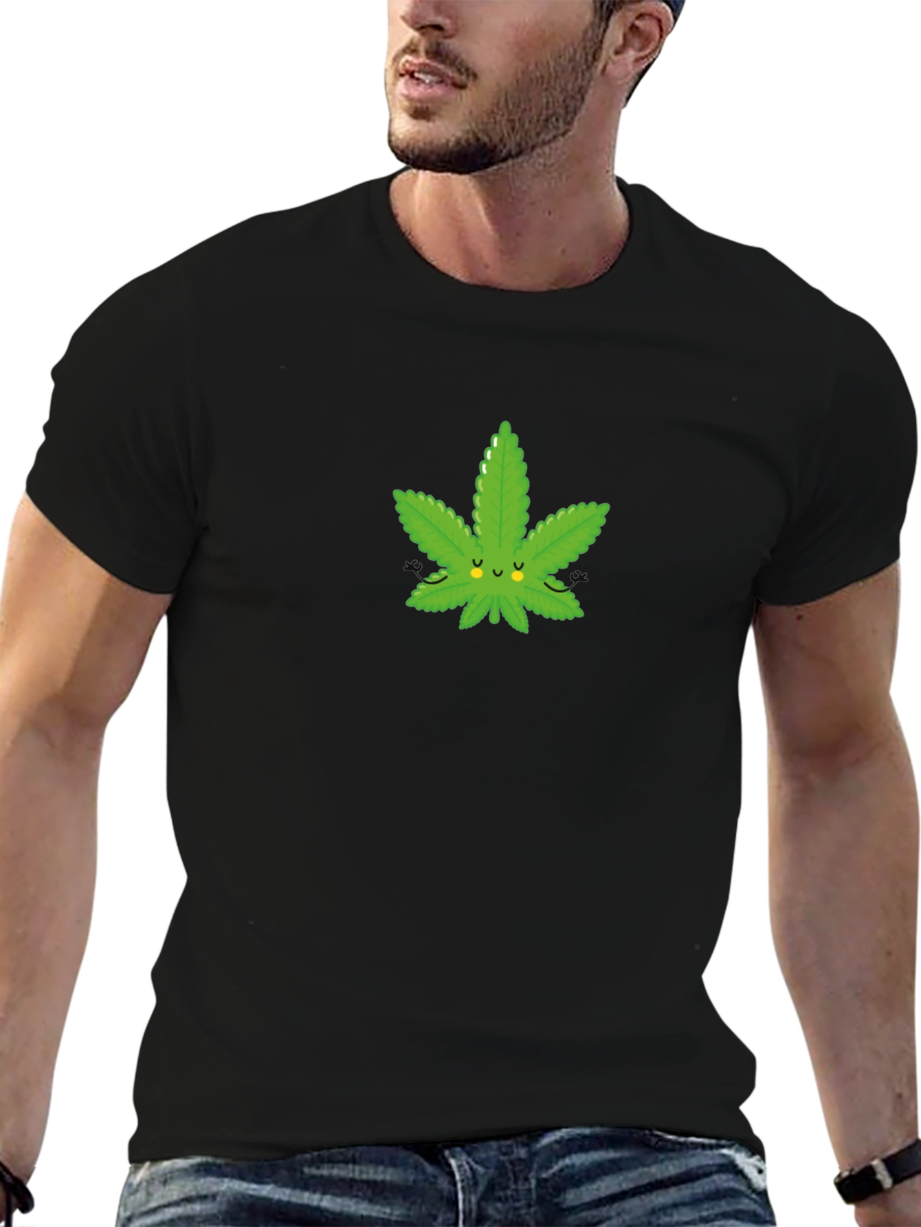 Black Cute Cannabis Leaf Graphic T-Shirt - Black Cotton Blend view 6