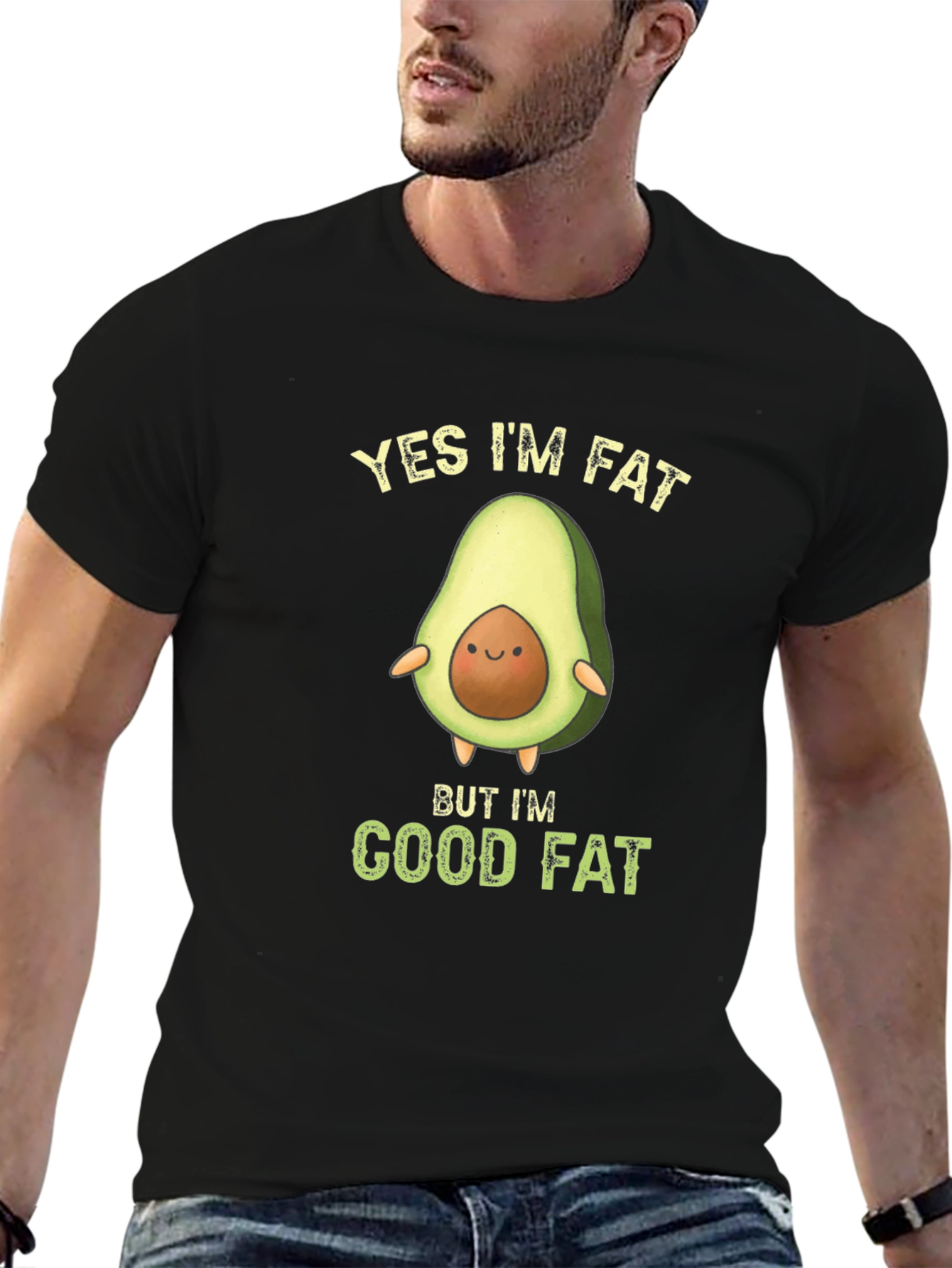 Black Funny Avocado T-Shirt - Yes I'm Fat Good Fat view 6