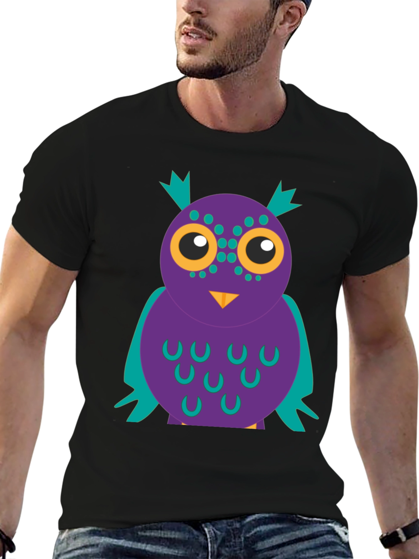 Black Funky Owl Graphic Tee - Black Cotton T-Shirt view 6