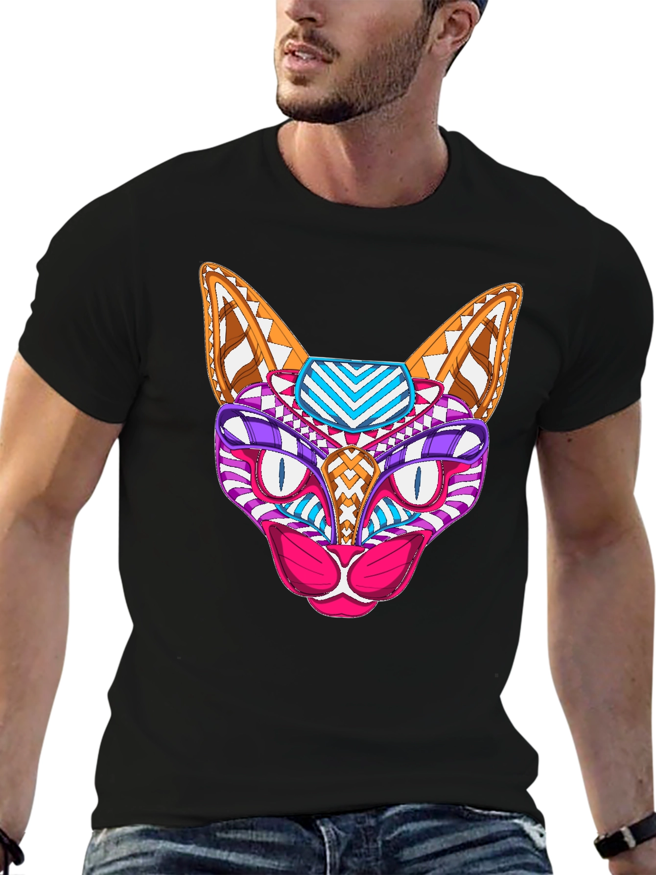 Black Abstract Cat T-Shirt - Unique Graphic Tee view 6