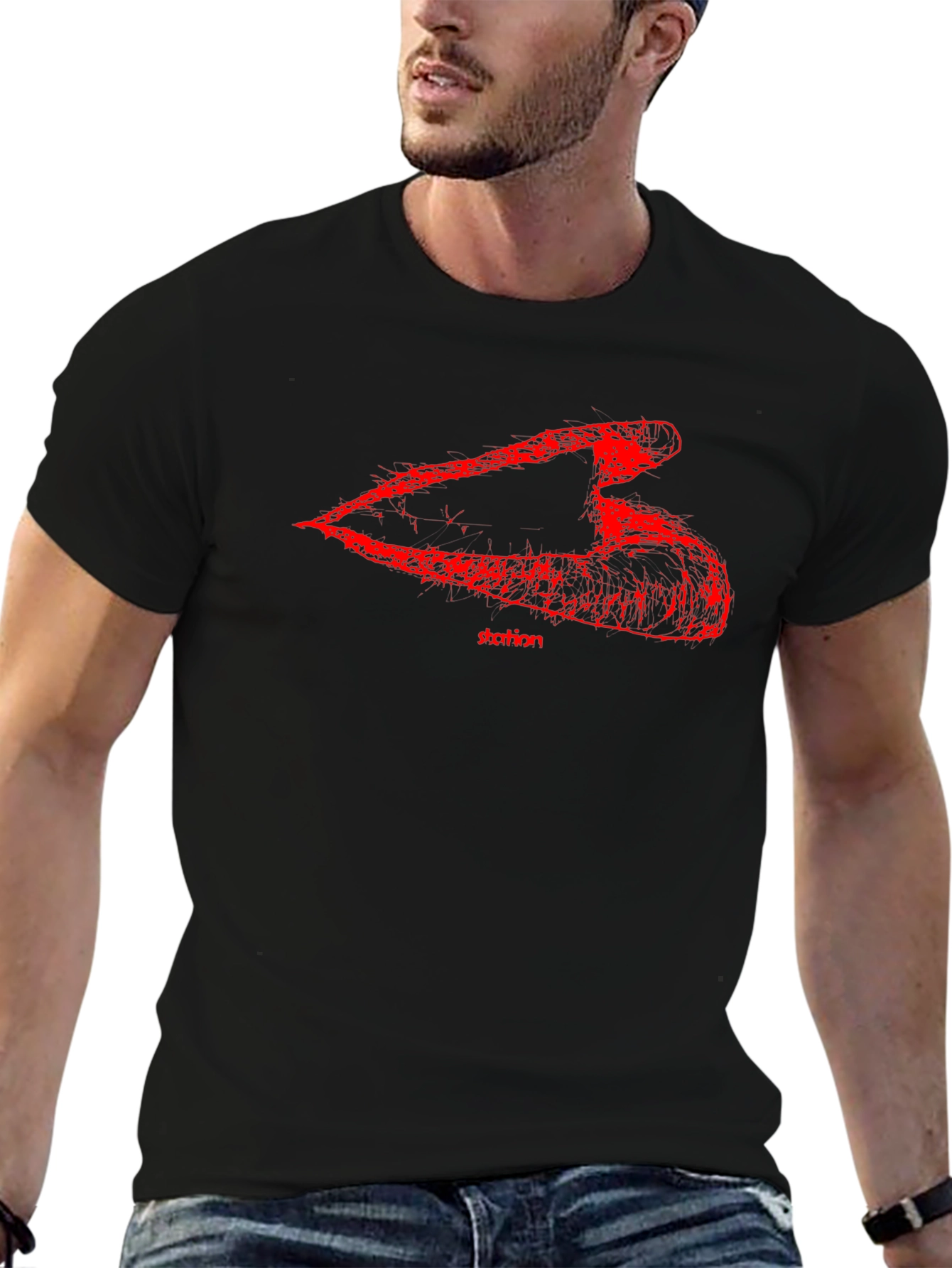 Black Men's Black T-Shirt with Abstract Red Graphic view 6
