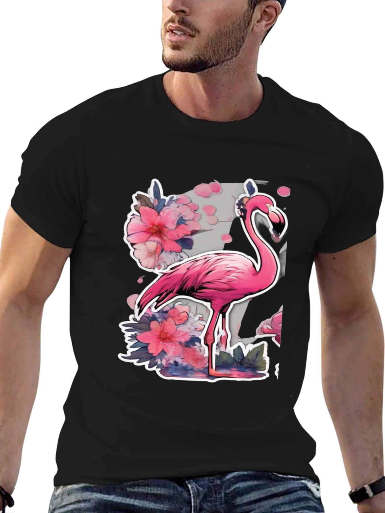 Black Stylish Flamingo Floral Graphic Tee - Black view 6