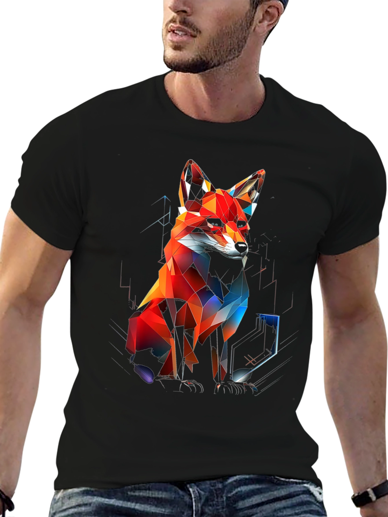 Black Geometric Fox Graphic Black T-Shirt view 6