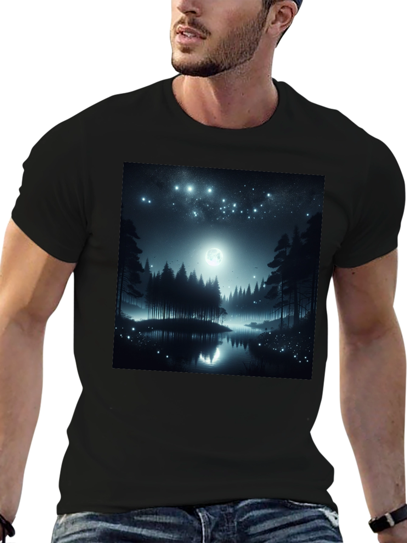Black Mystic Night Forest T-Shirt view 6