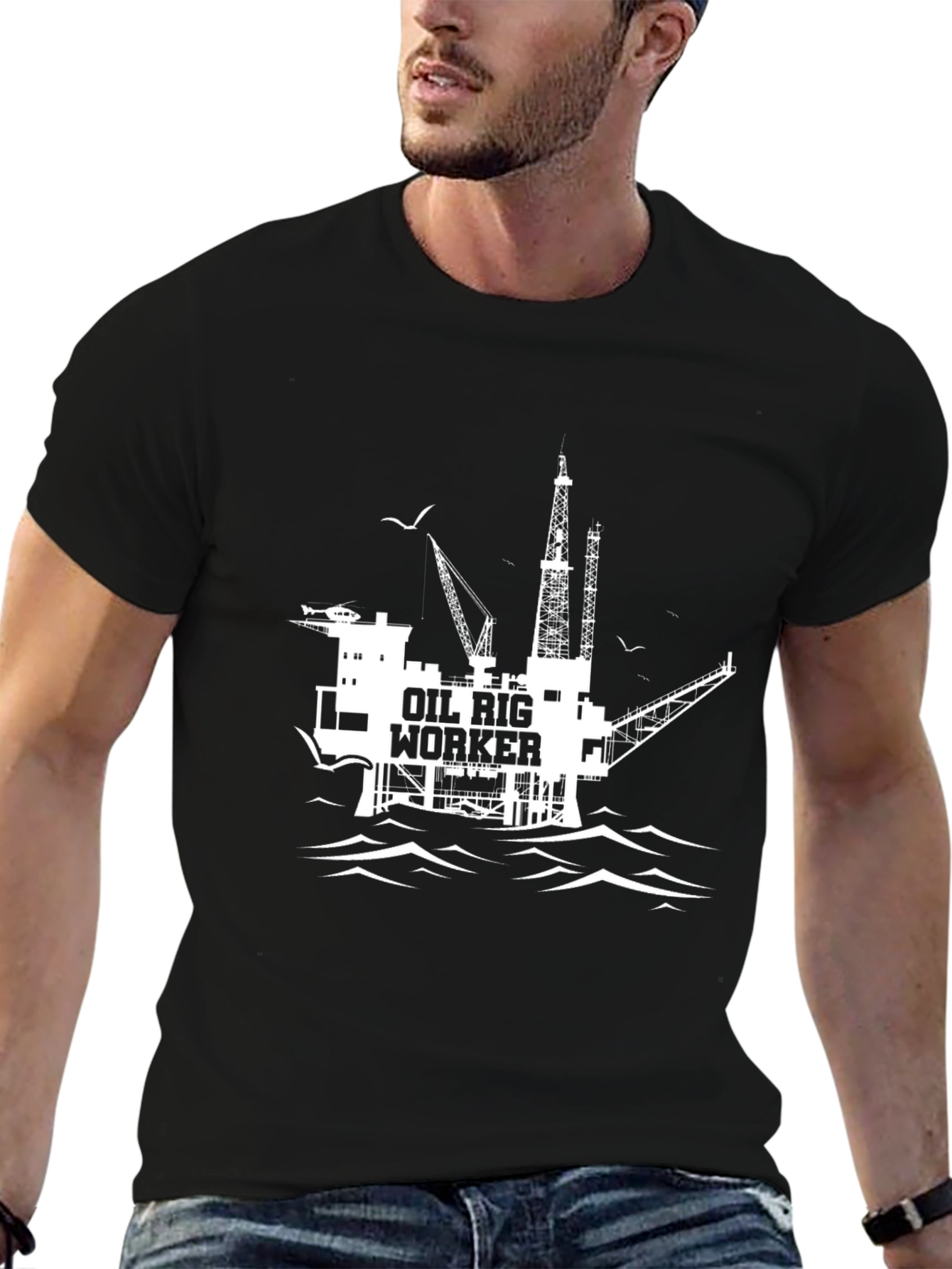 Black Oil Rig Worker Graphic T-Shirt - Black Cotton view 6