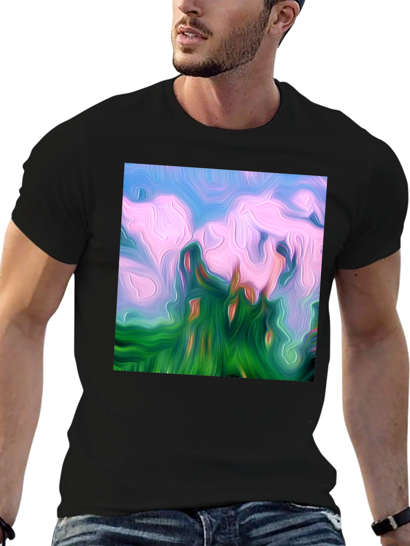 Black Abstract Landscape Graphic Tee - Artistic Black T-Shirt view 6
