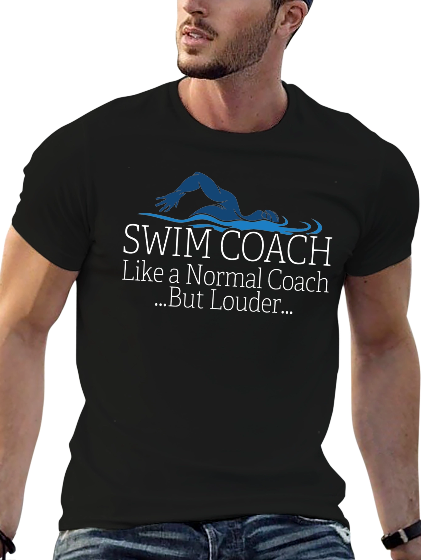 Black Swim Coach T-Shirt - Like a Normal Coach But Louder view 6