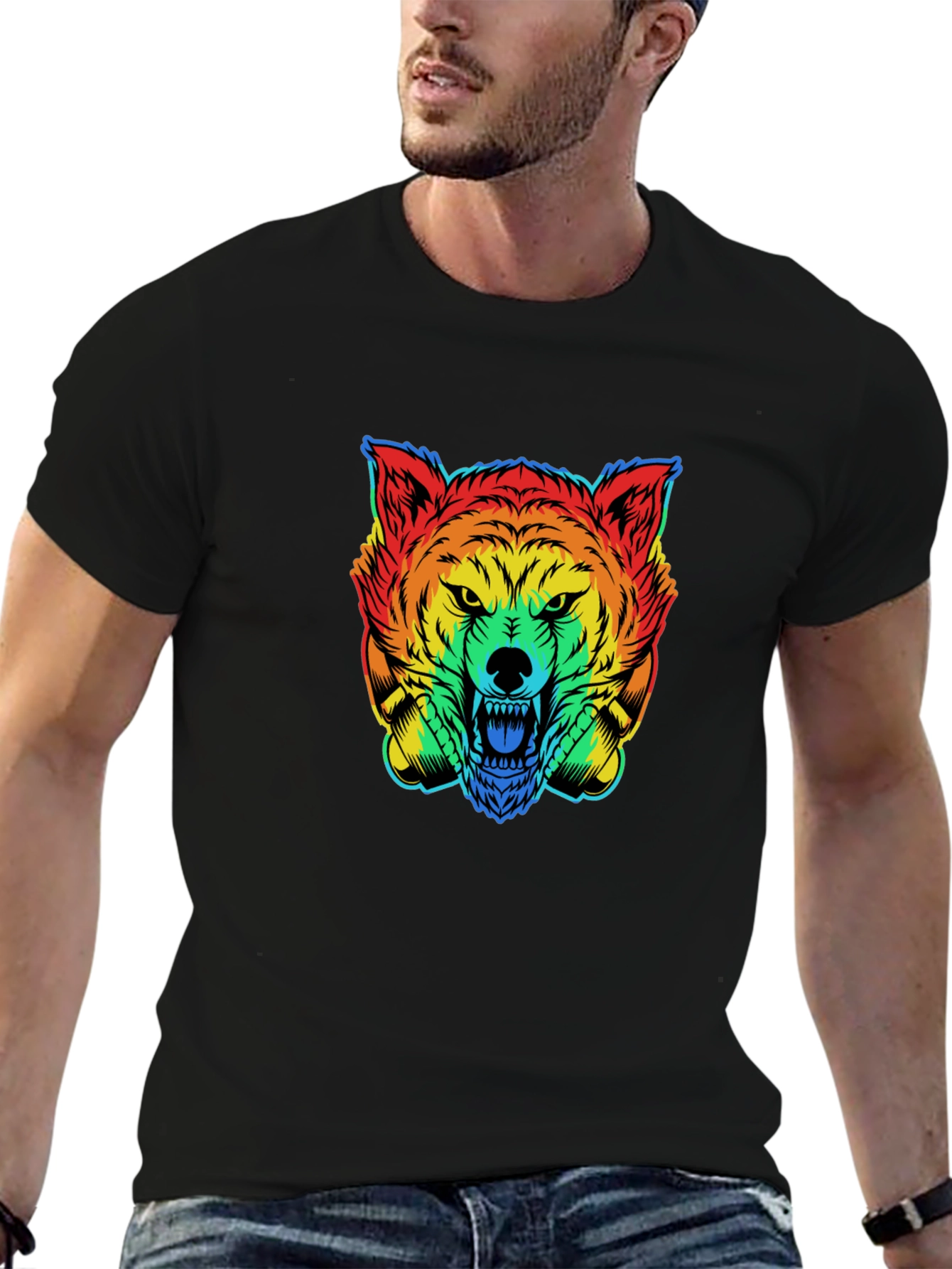 Black Rainbow Wolf Graphic T-Shirt - Men's Black Tee view 6