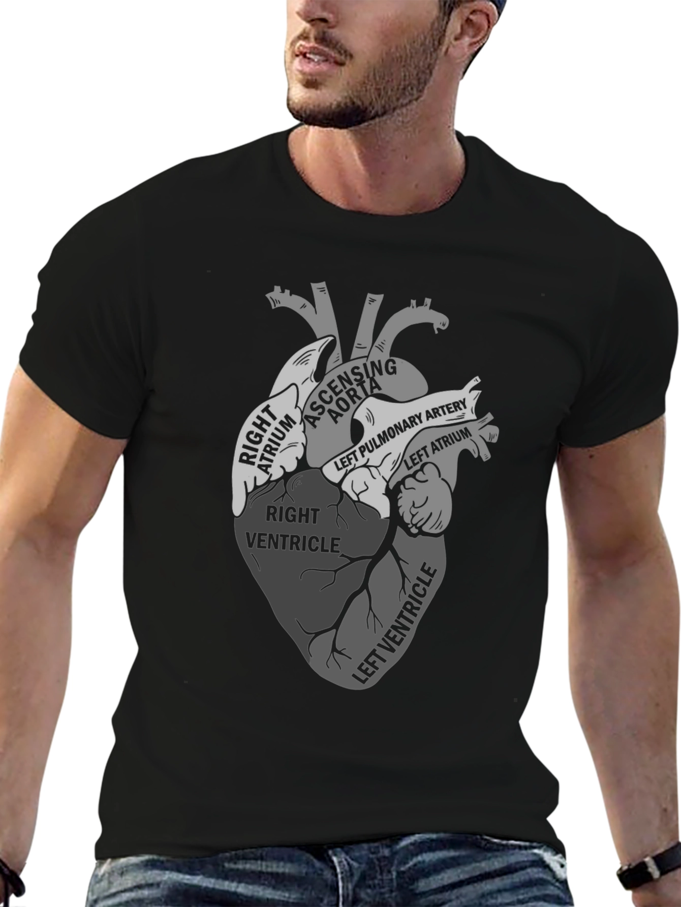 Black Anatomical Heart Diagram T-Shirt view 6