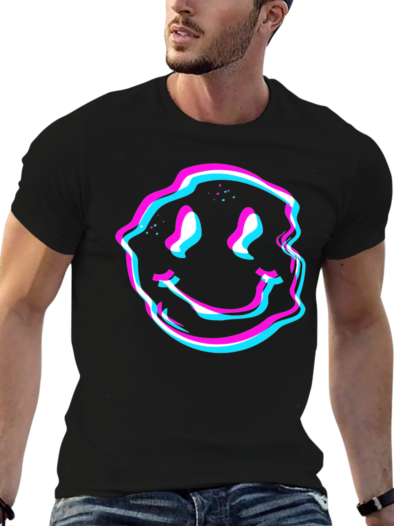 Black Glitch Smiley Face Graphic Tee - Black view 6