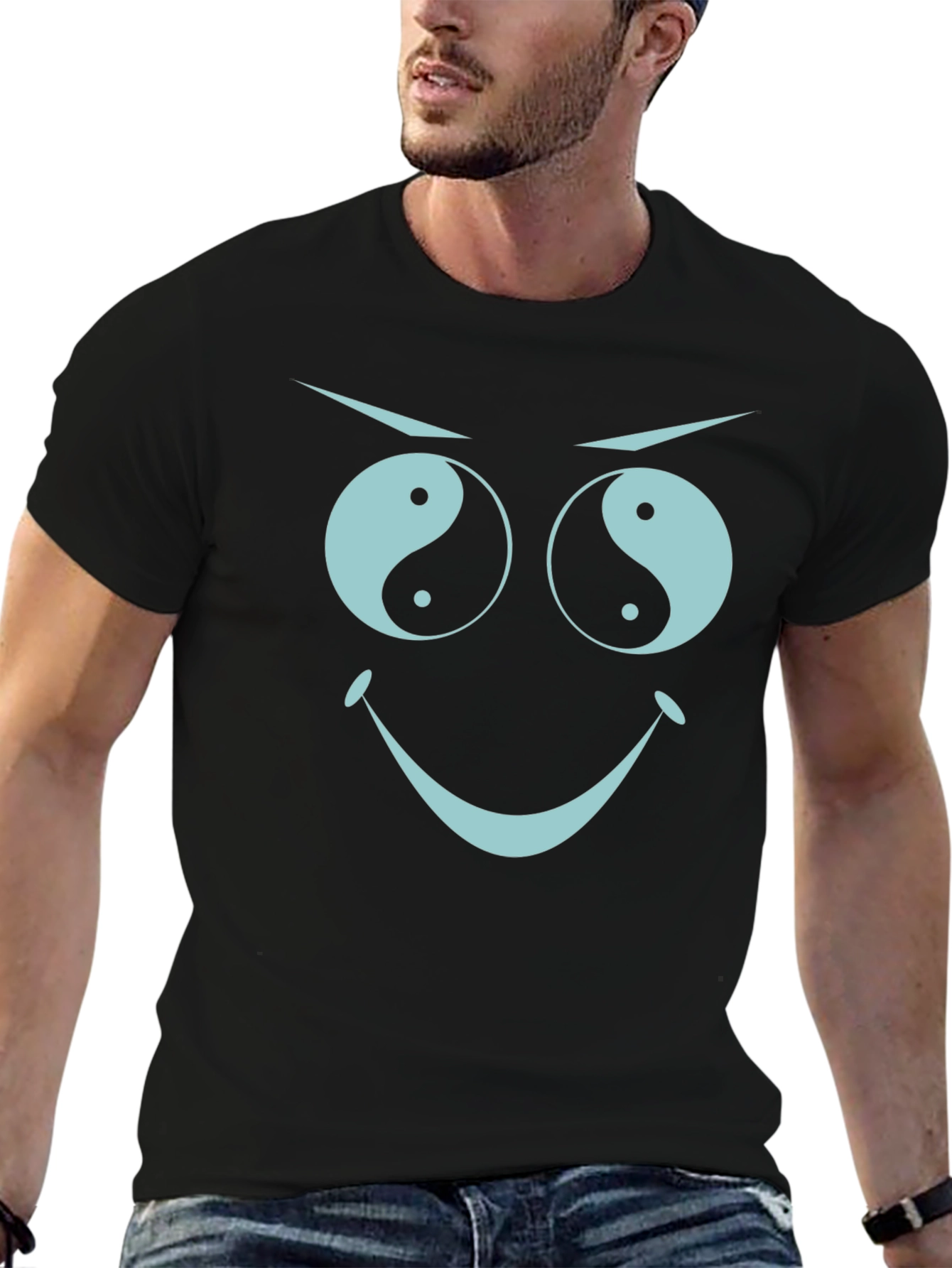 Black Yin Yang Eyes Graphic Tee - Funny Face Black T-Shirt view 6