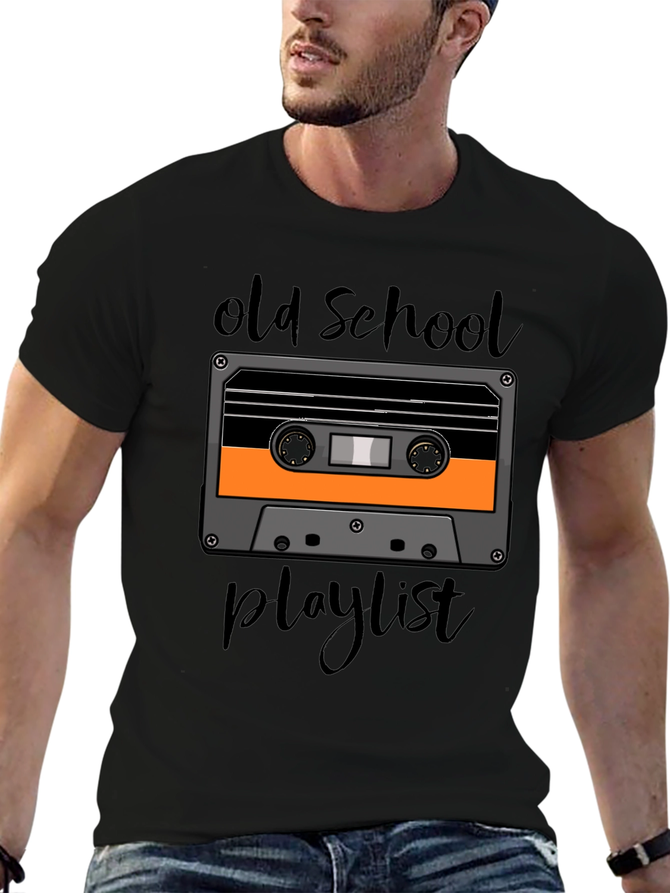 Black Old School Playlist Tee - Retro Cassette Graphic T-Shirt view 6