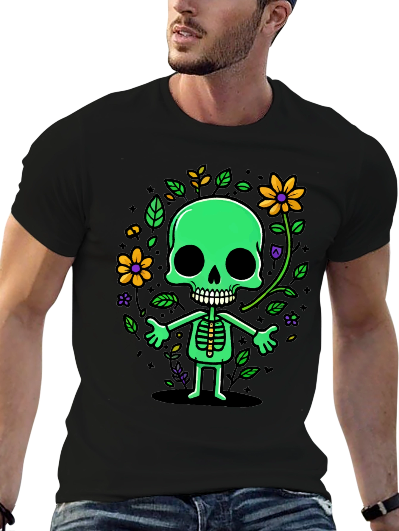 Black Green Floral Skeleton Graphic Tee view 6