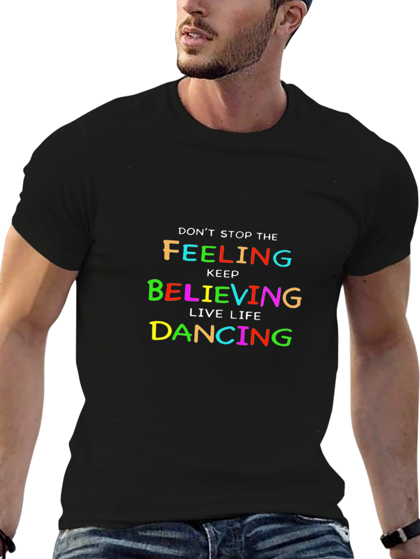 Black Colorful Inspirational Graphic Tee - Don't Stop Believing T-Shirt view 6