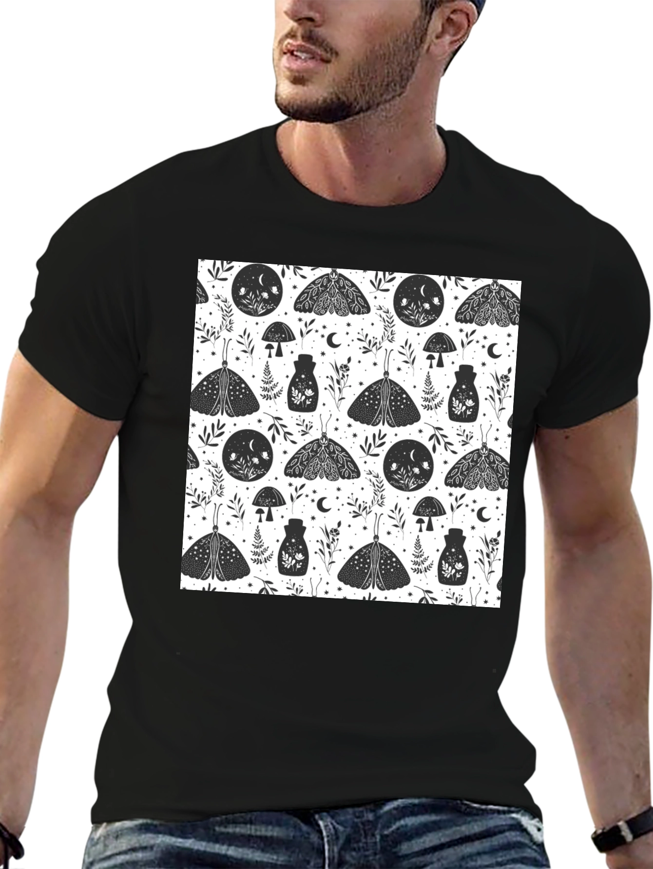 Black Moth Print Tee - Black Cotton T-Shirt view 6