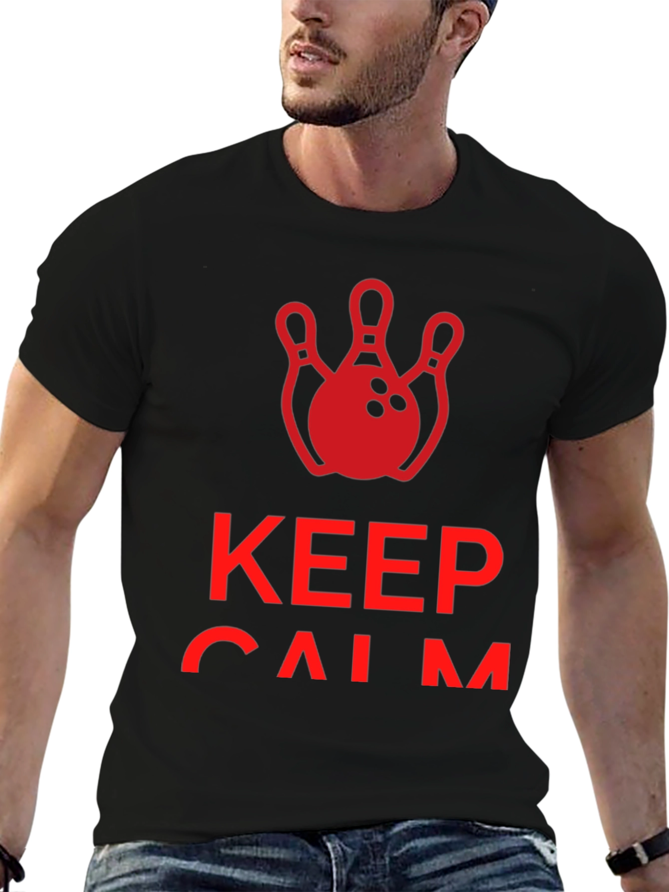 Black Keep Calm and Bowl On T-Shirt - Red Bowling Design view 6