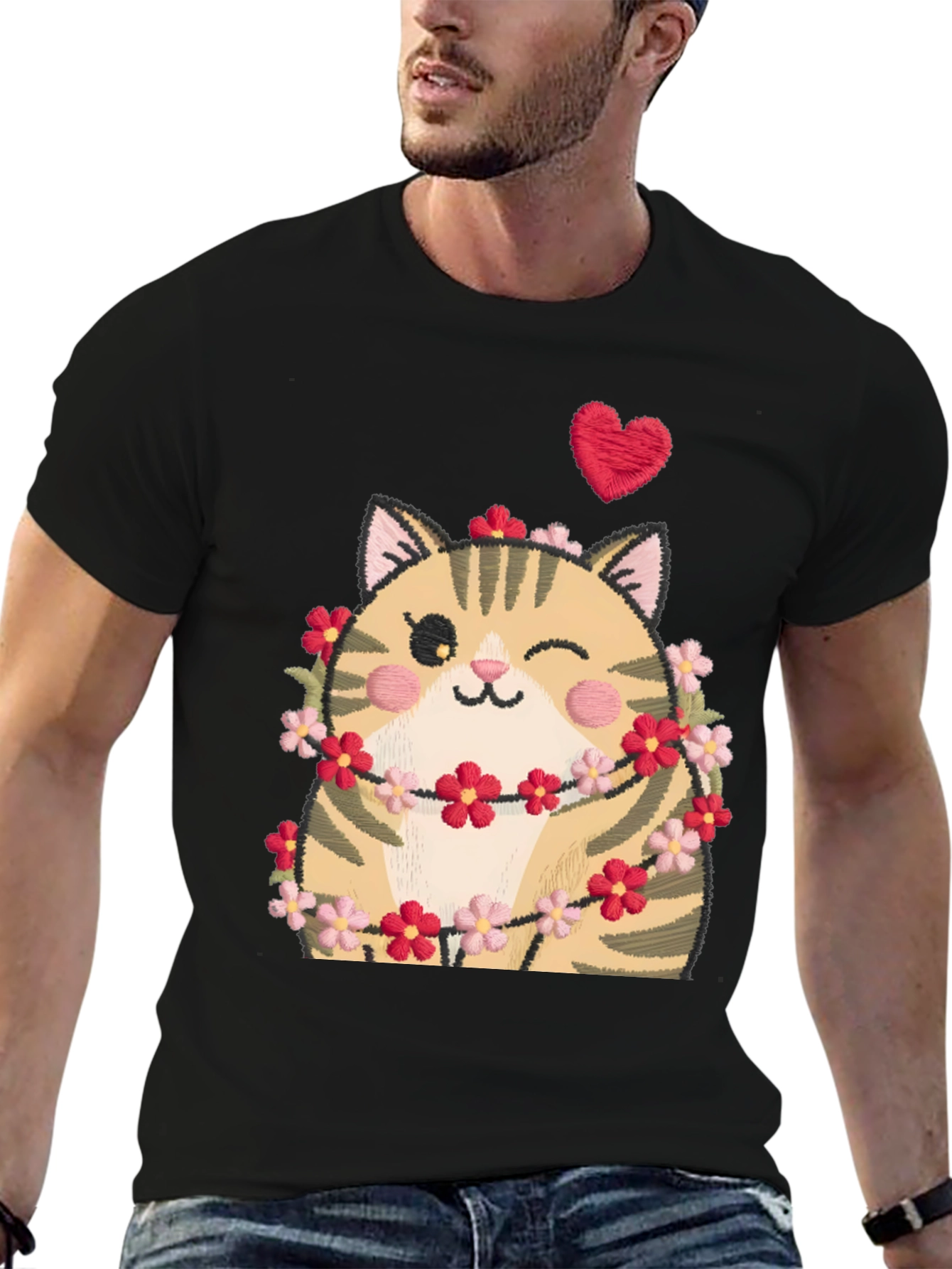 Black Cute Cat in Flowers Black T-Shirt view 6