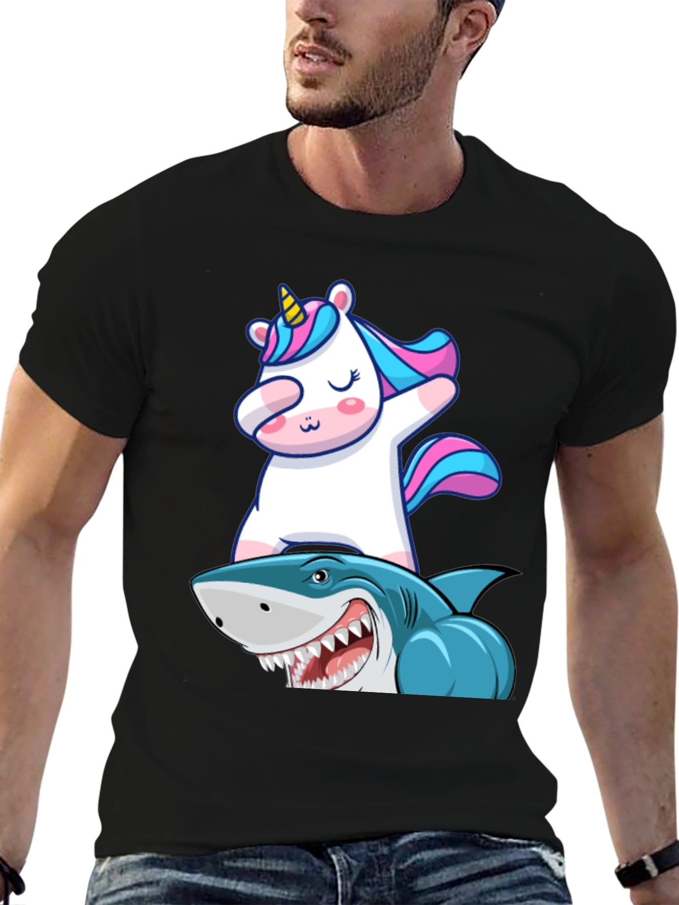 Black Unicorn Dabbing on Shark Graphic Tee view 6