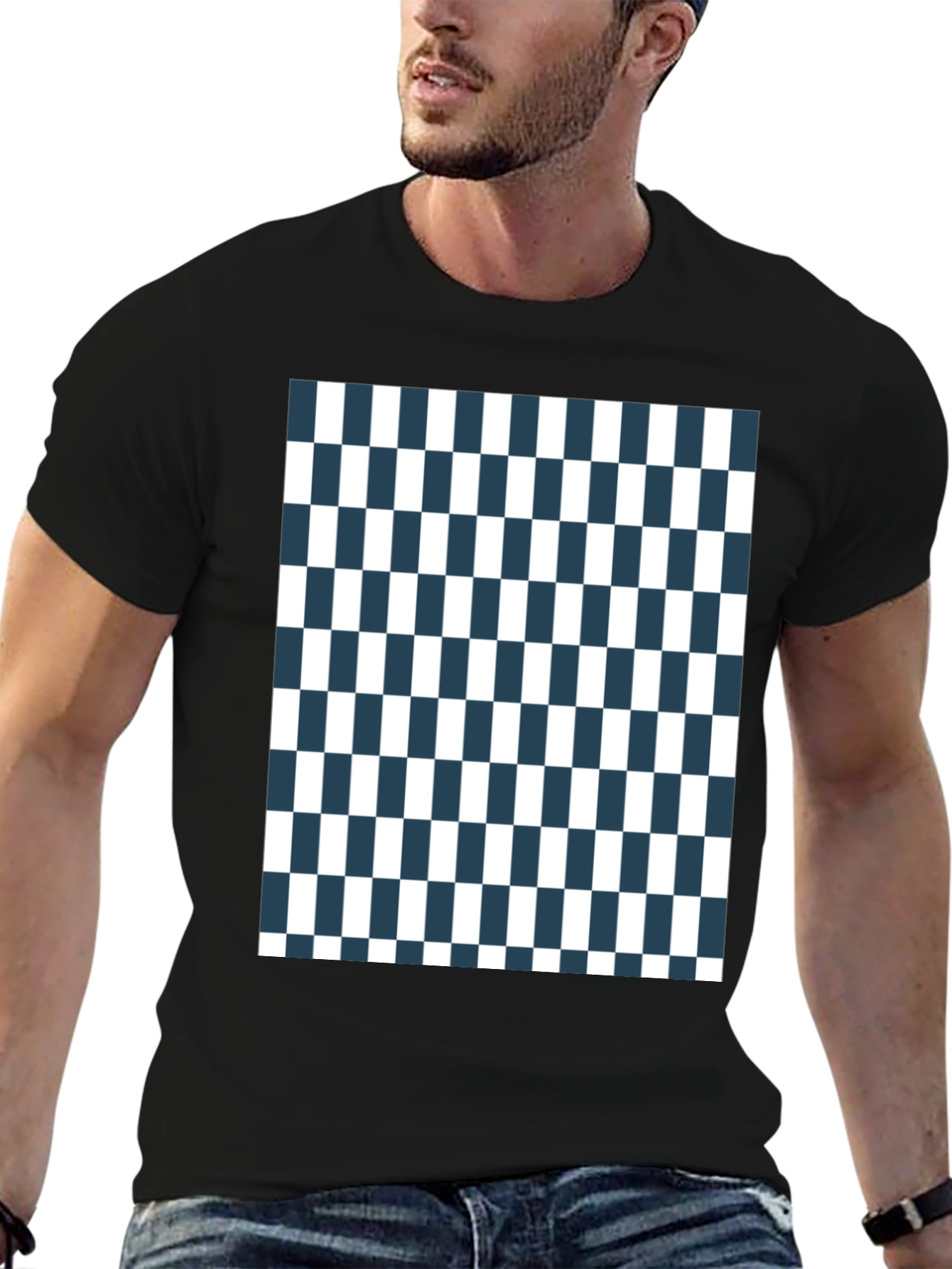 Black Checkered Pattern Tee - Classic Style view 6