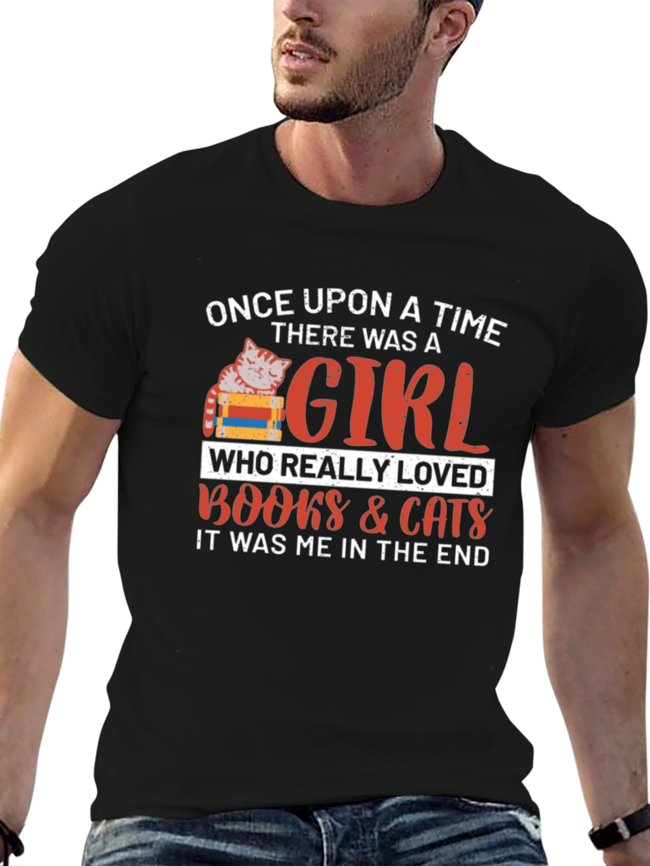 Black Once Upon a Time Cat & Books Lover T-Shirt view 6