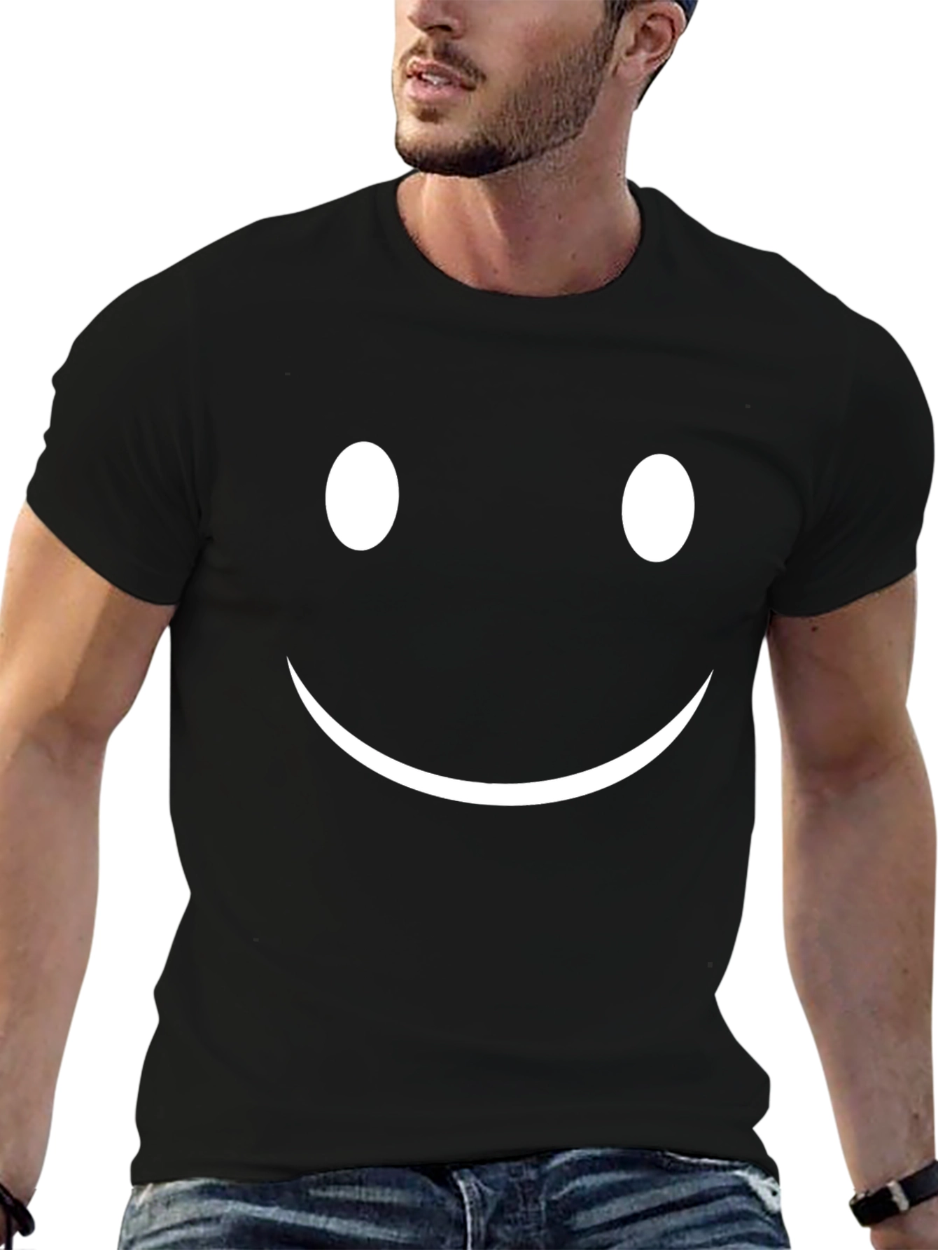 Black Smiley Face Black Cotton T-Shirt view 6