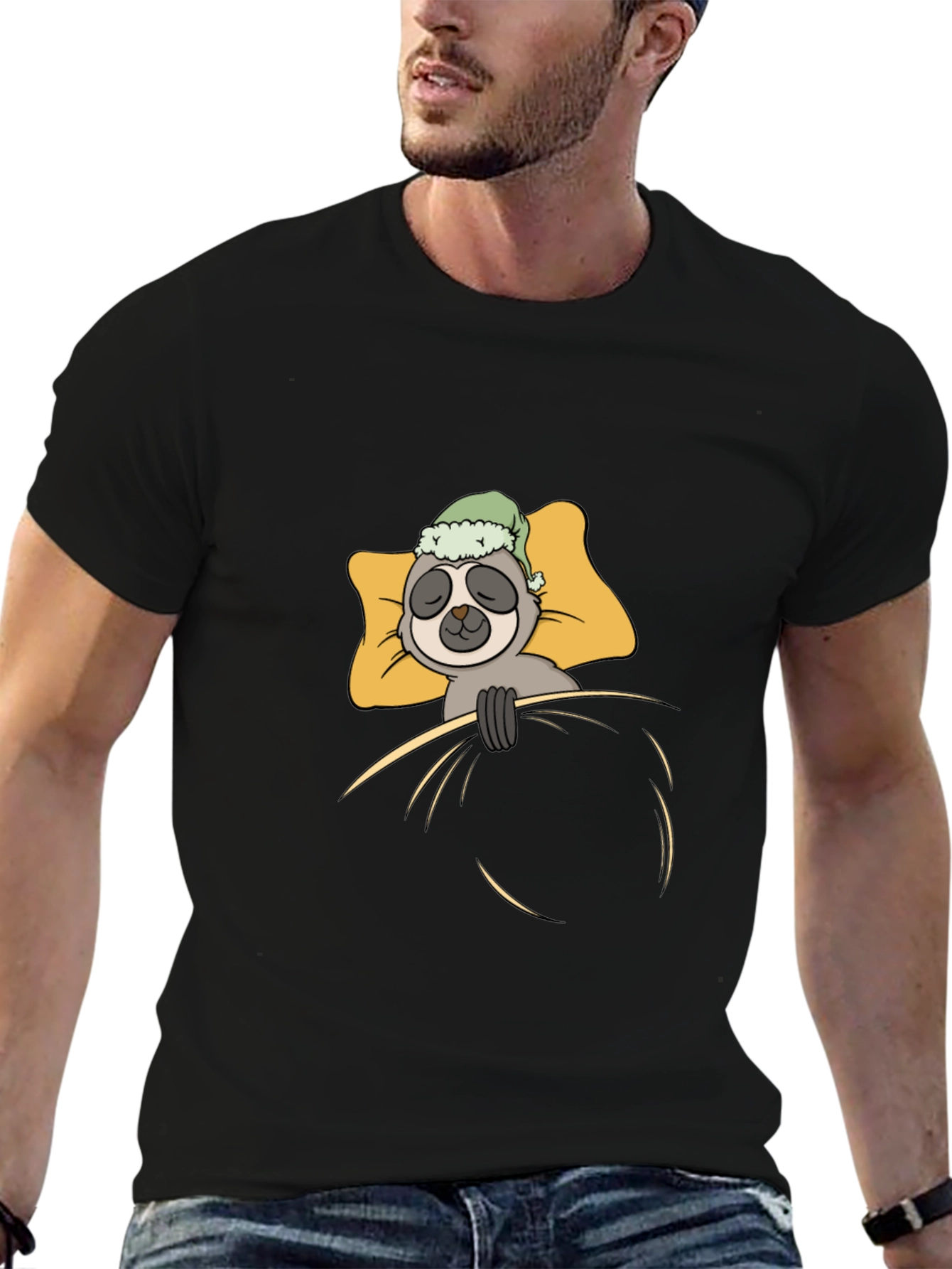 Black Sloth Sleeping in Bed Graphic T-Shirt view 6