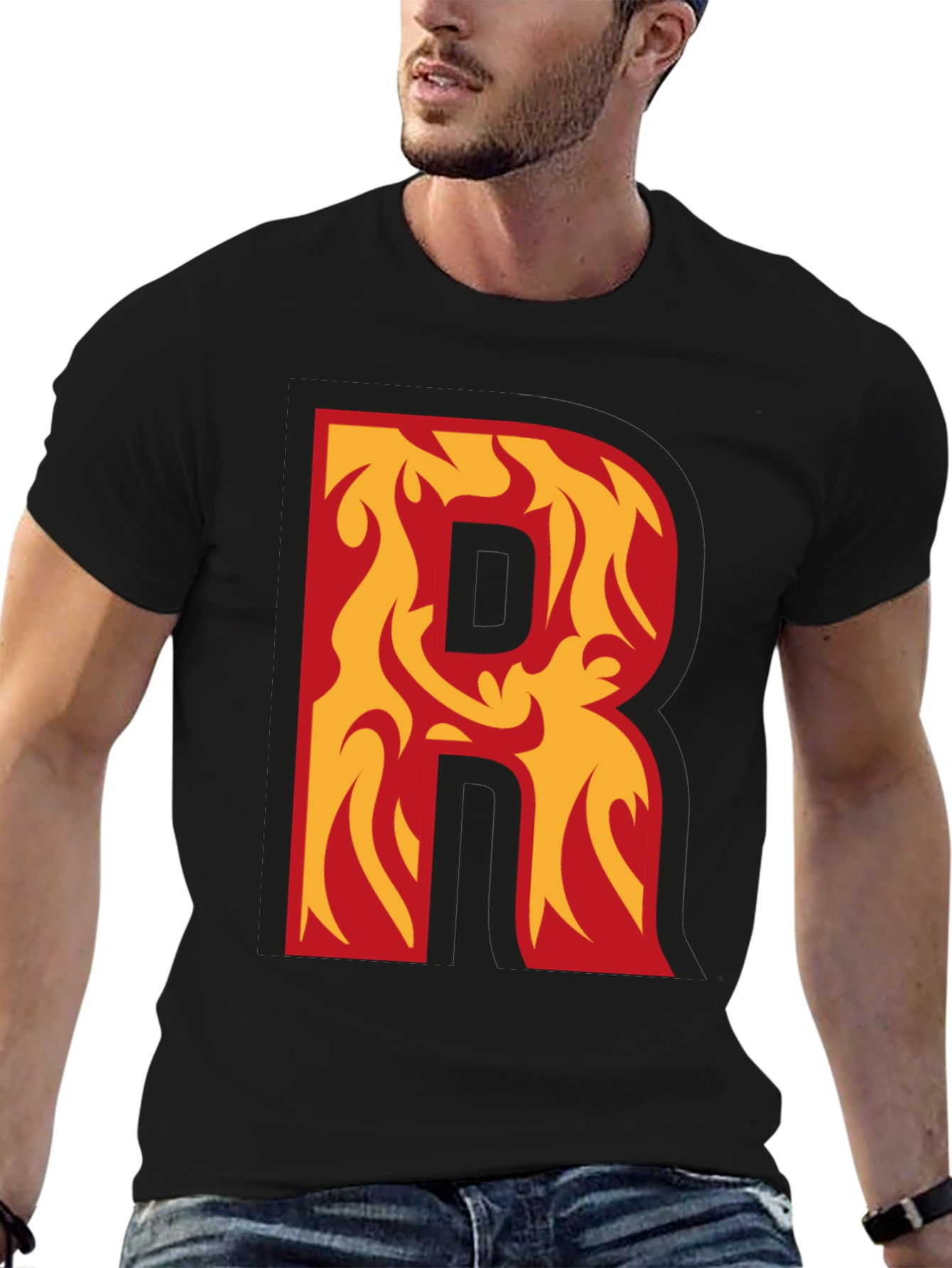 Black Flaming Letter R Graphic Tee - Cool Design! view 6