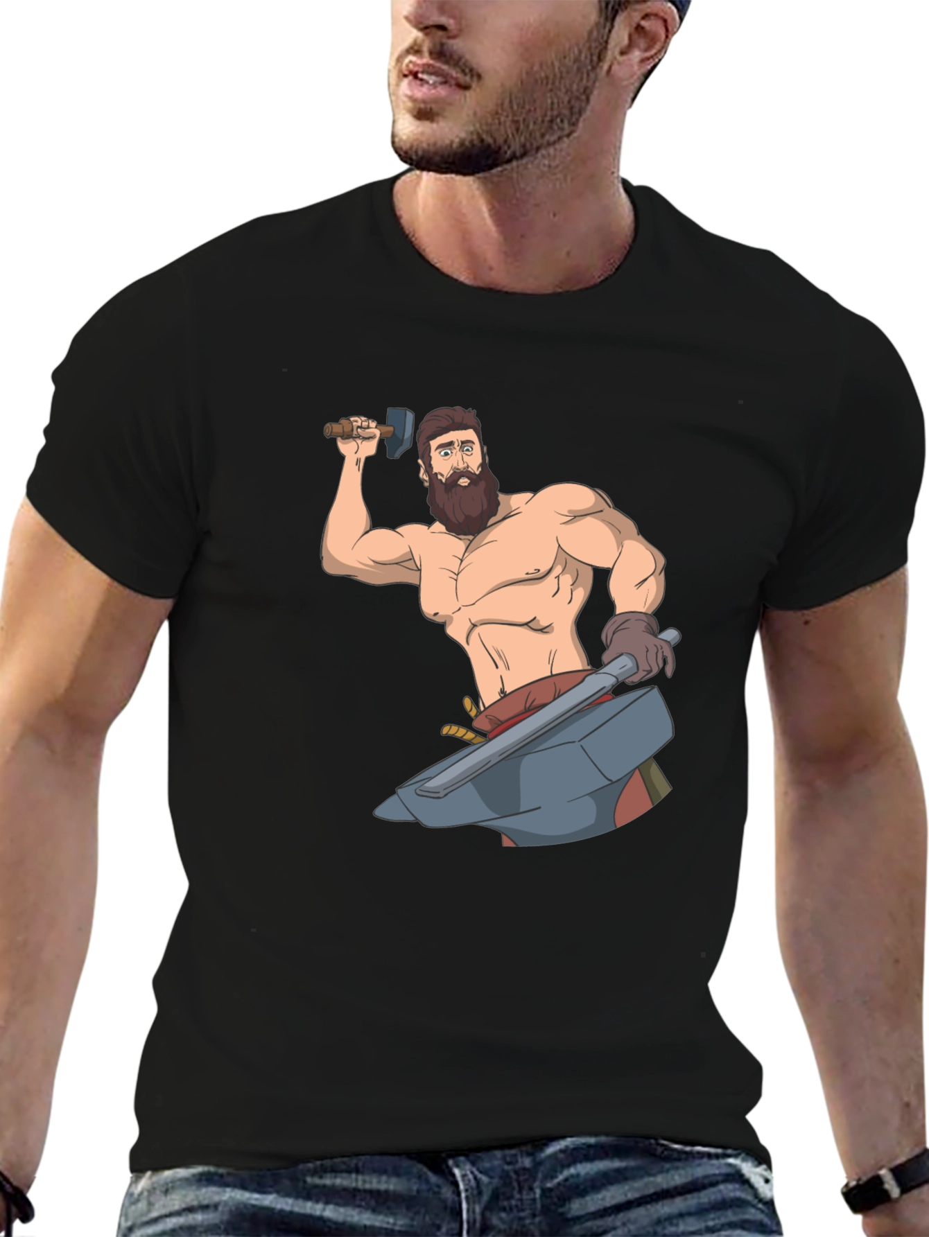 Black Blacksmith Cartoon Graphic T-Shirt view 6