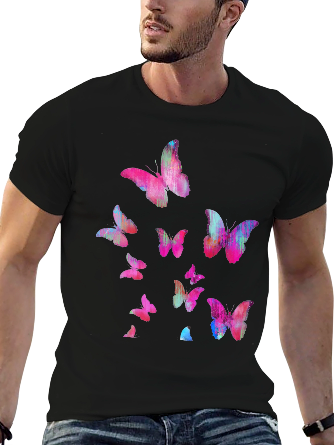 Black Butterfly Print Men's Black T-Shirt view 6