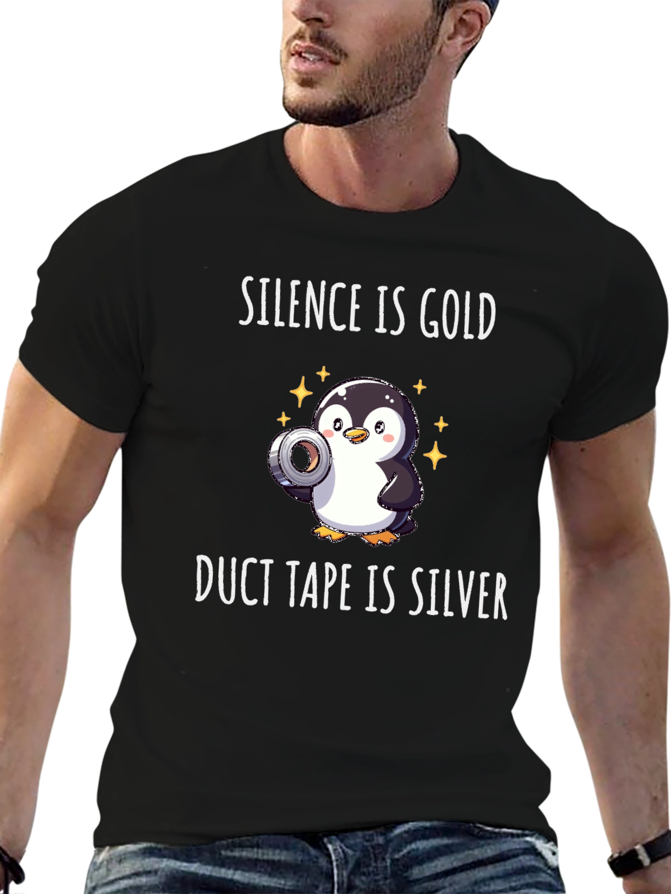 Black Silence is Gold Duct Tape is Silver Penguin T-Shirt view 6