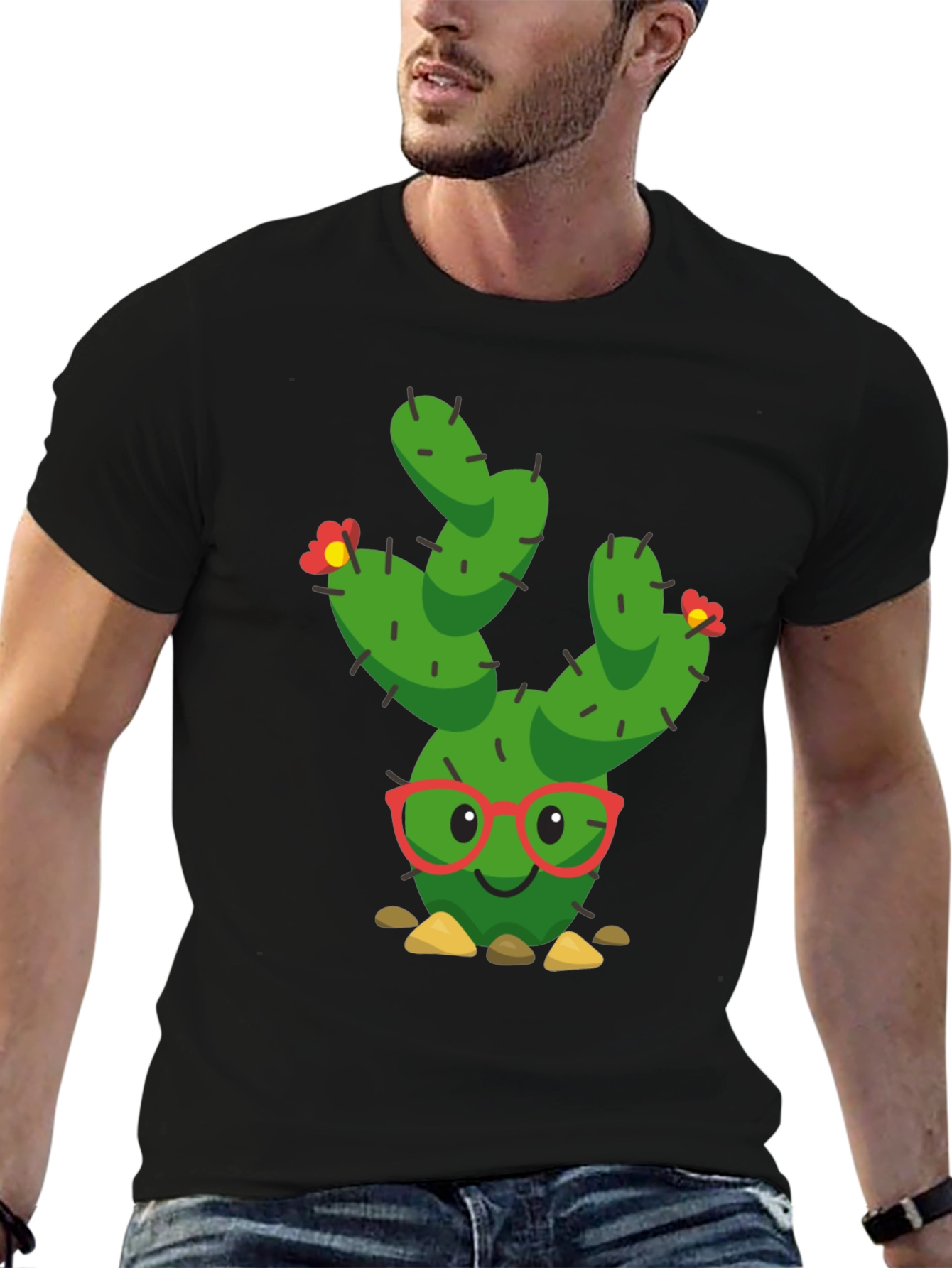Black Funny Cactus Graphic Tee - Black Cotton T-Shirt view 6