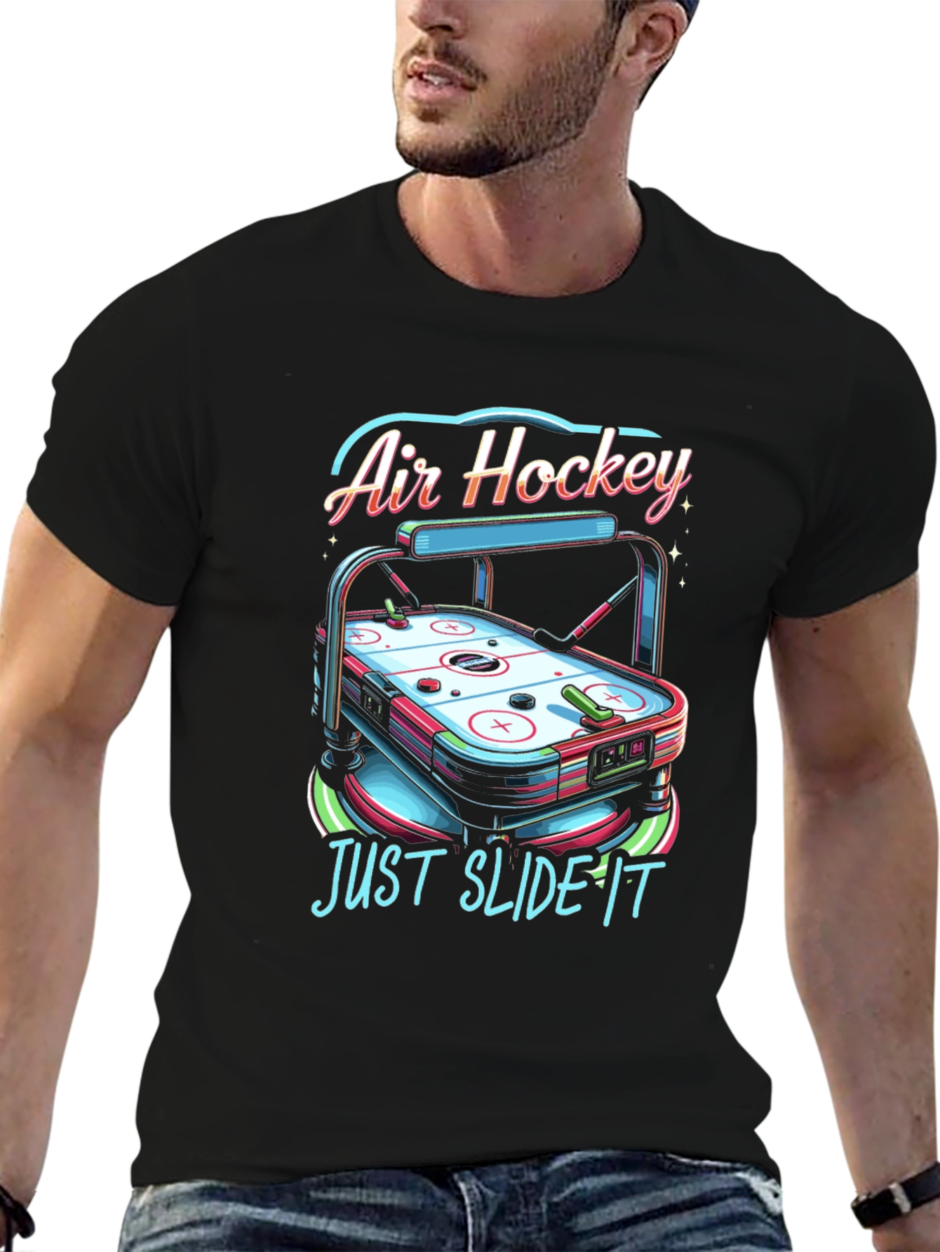 Black Air Hockey T-Shirt - "Just Slide It" Graphic Tee view 6