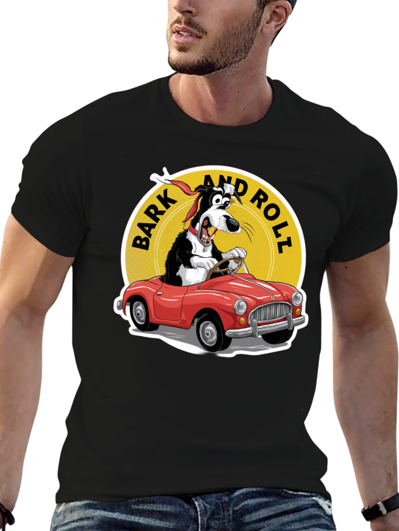 Black Bark and Roll T-Shirt - Dog Driving Car view 6