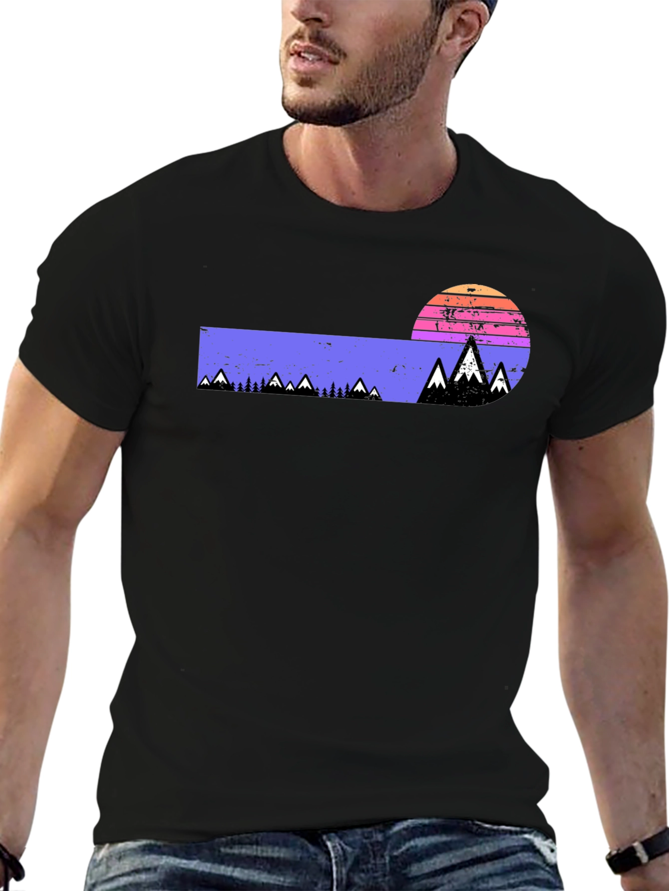 Black Retro Mountain Sunset Graphic Tee view 6