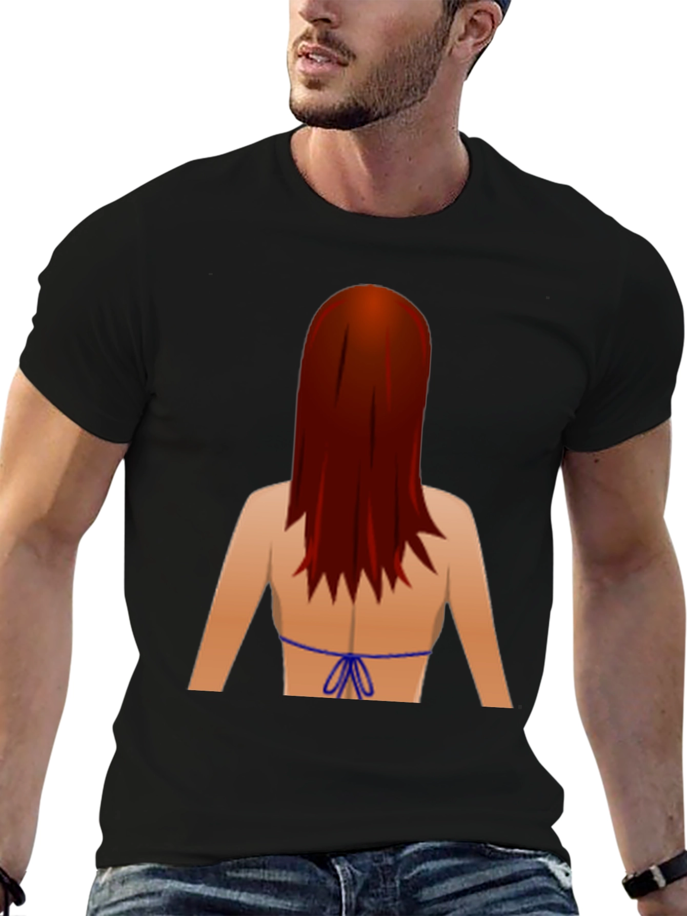 Black Novelty Graphic T-Shirt: Back View Bikini Redhead view 6