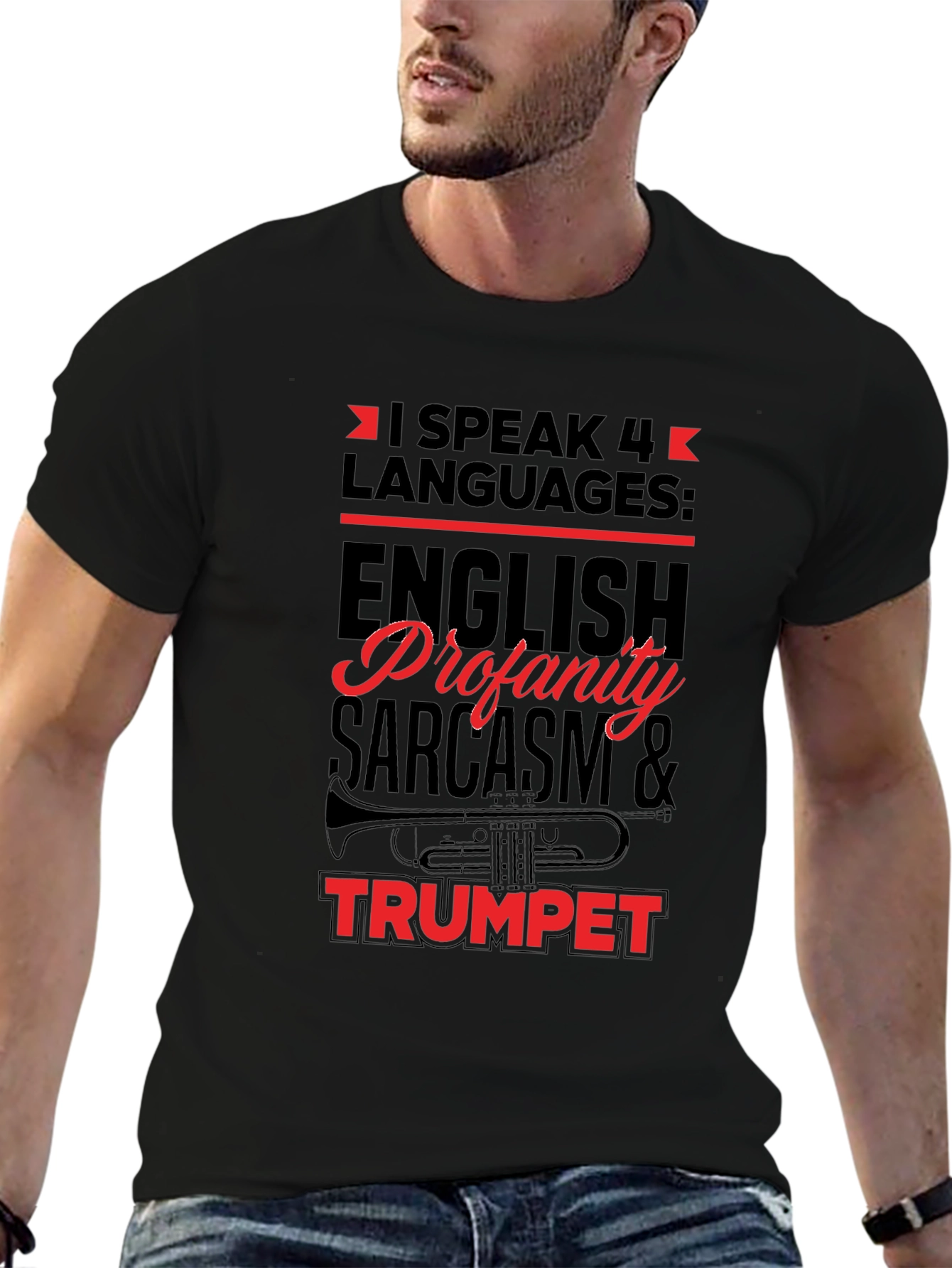 Black I Speak 4 Languages Trumpet Black T-Shirt view 6