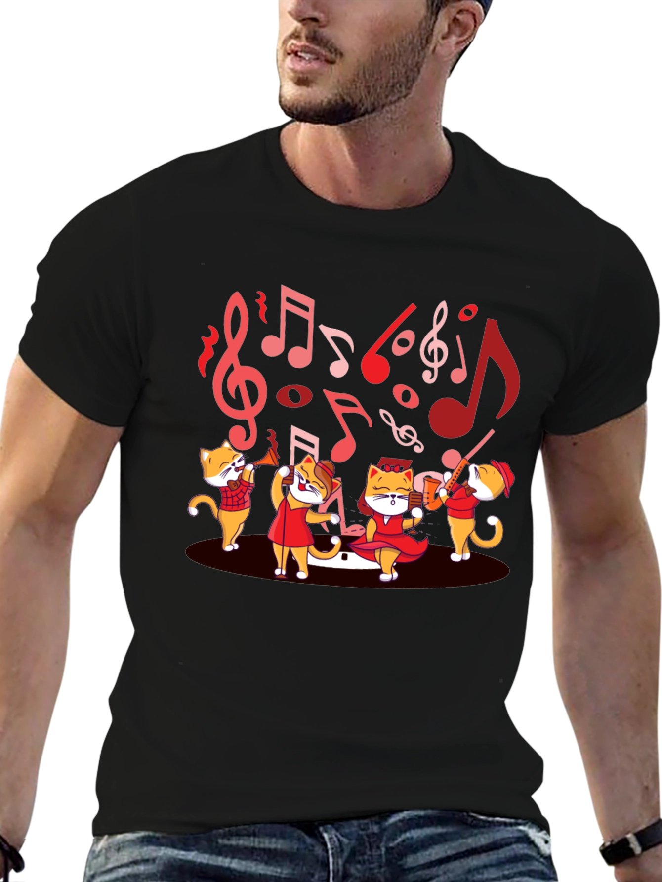 Black Musical Cats T-Shirt - Band Design Tee view 6