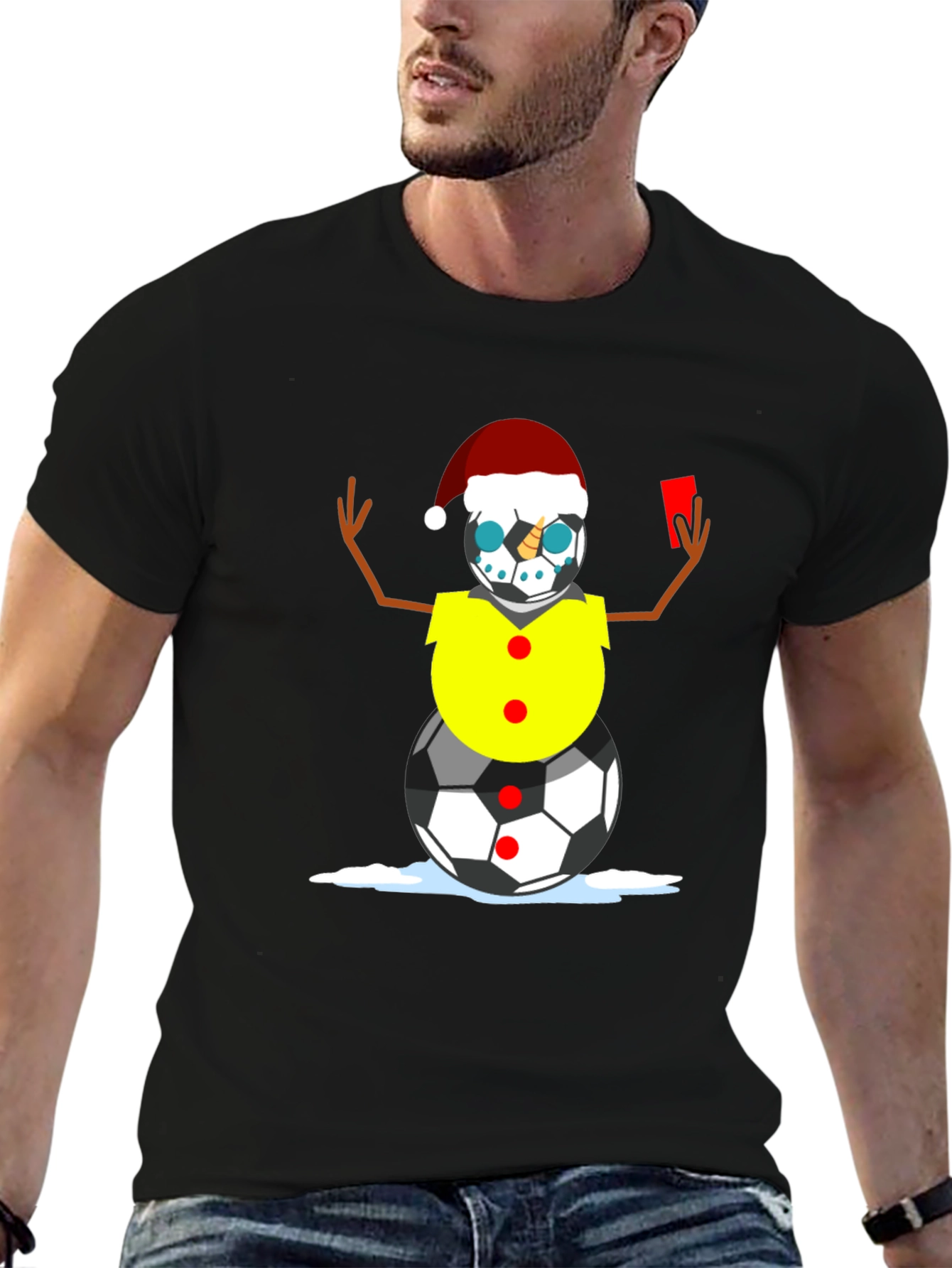 Black Soccer Snowman Christmas T-Shirt view 6