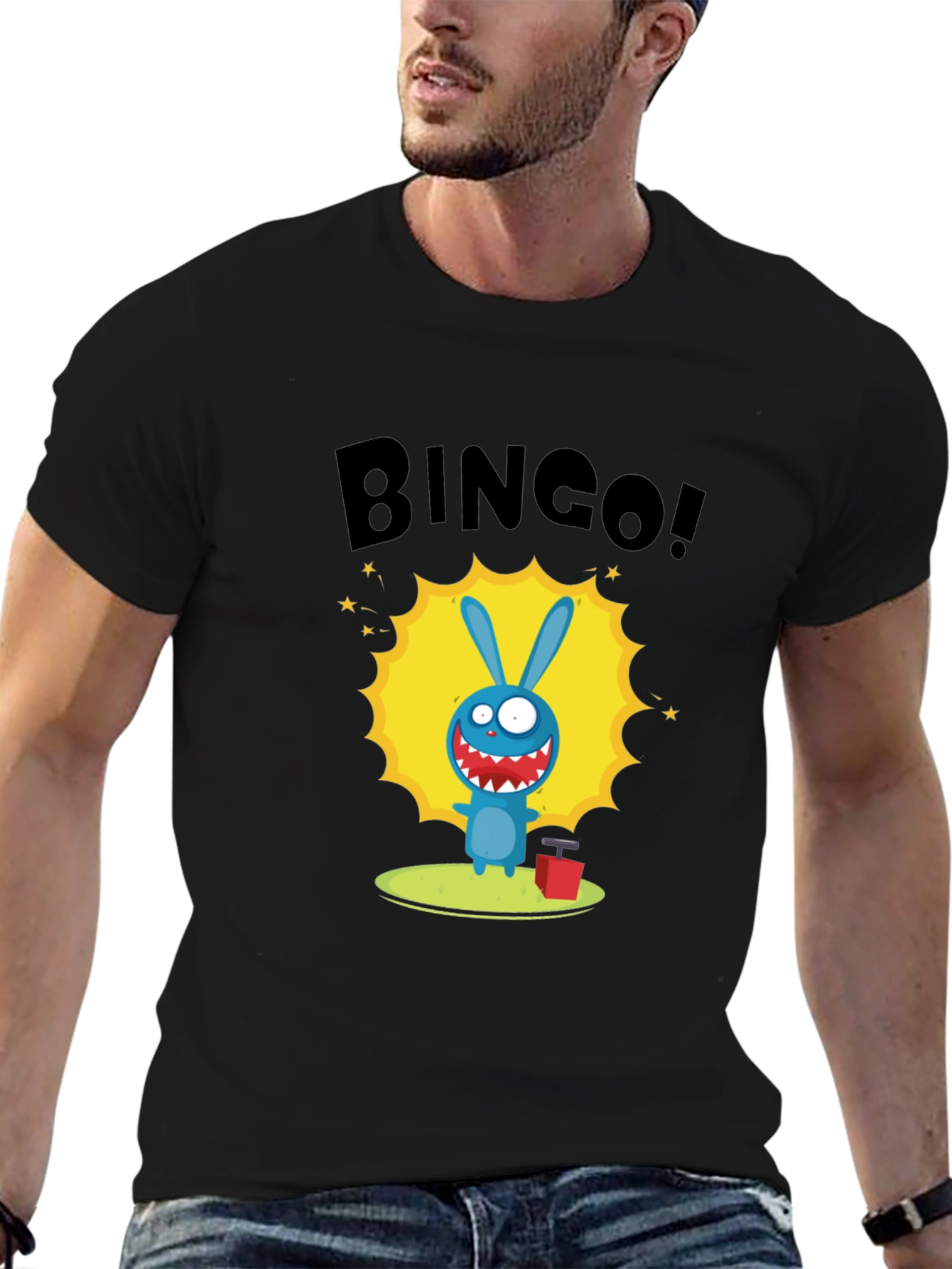 Black Bingo! Cartoon Bunny Graphic Print Black T-Shirt view 6