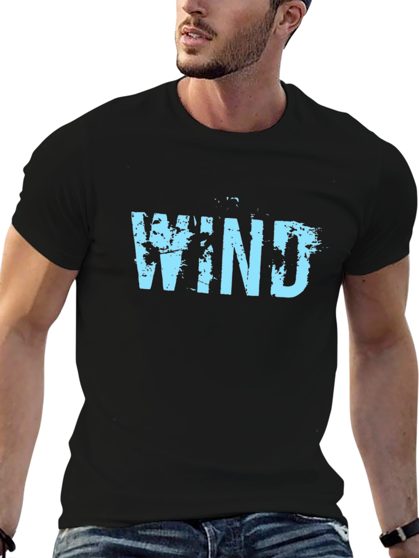 Black Men's Black Cotton Tee - Blue "Wind" Graphic view 6