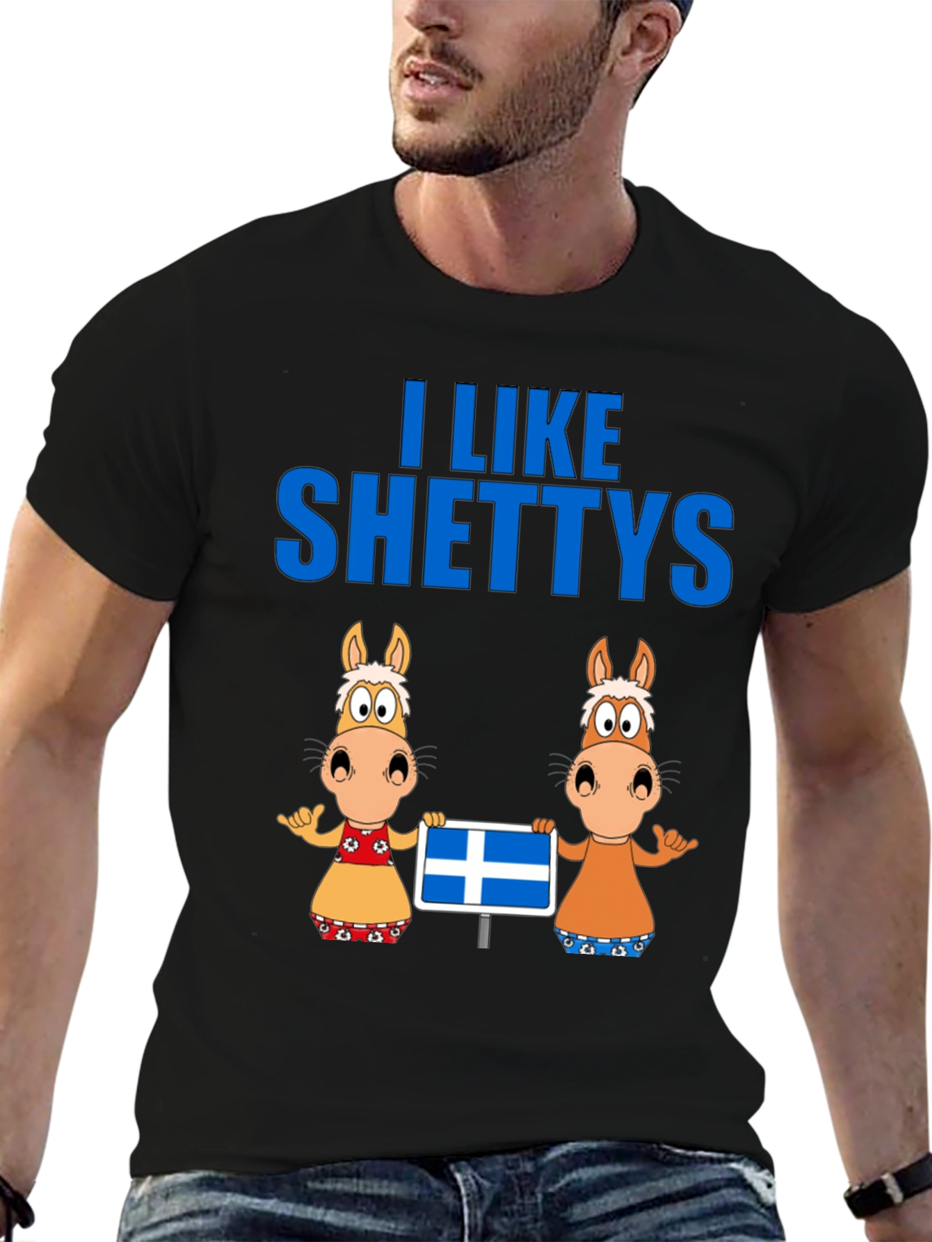Black I Like Shettys T-Shirt: Cute Horse Cartoon Tee view 6
