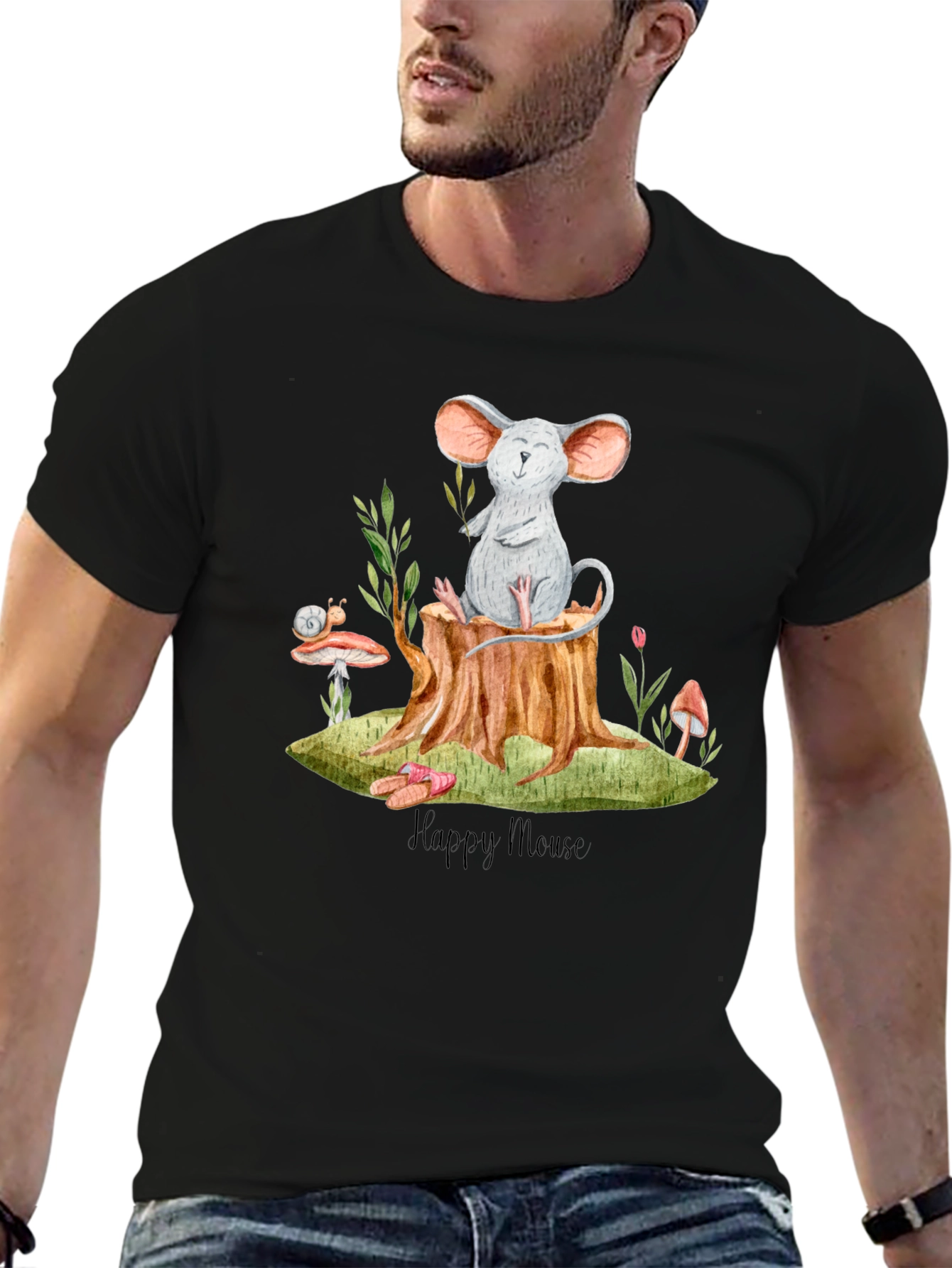 Black Happy Mouse Graphic Tee - Black Cotton T-Shirt view 6