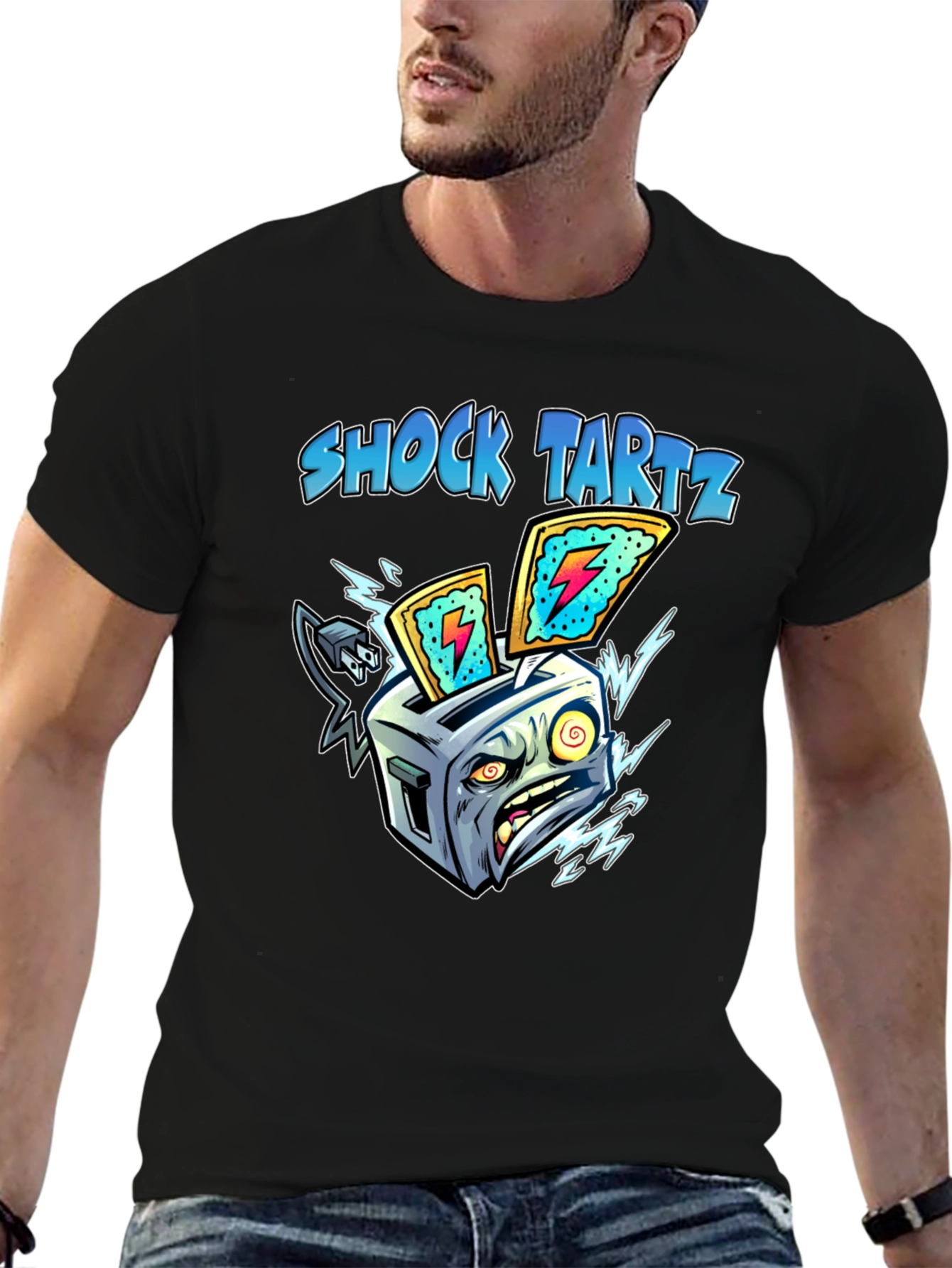 Black Shock Tartz Graphic T-Shirt - Electrifying Toaster Design view 6