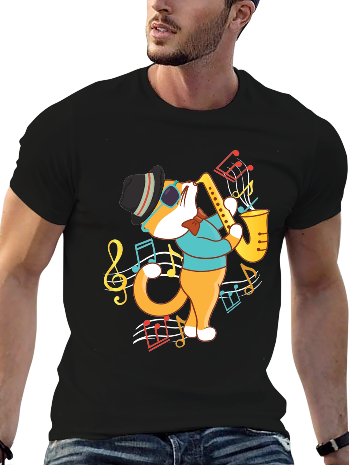 Black Cool Cat Saxophone Graphic T-Shirt view 6