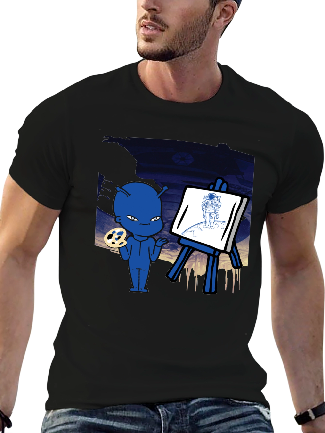 Black Alien Artist Graphic T-Shirt - Men's Black Crew Neck Tee view 6