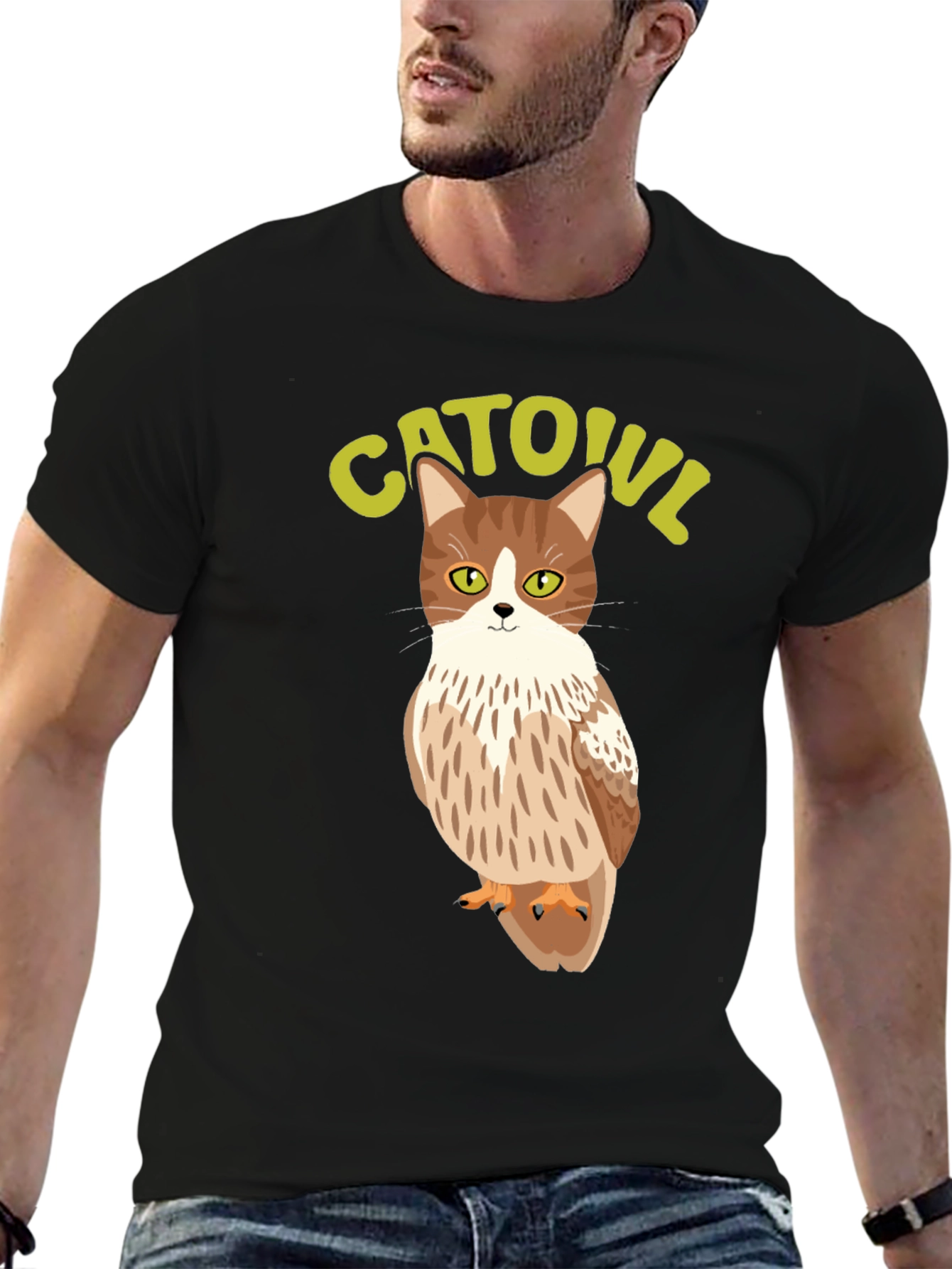 Black CATOUL T-Shirt - Cat Owl Hybrid Graphic Tee view 6